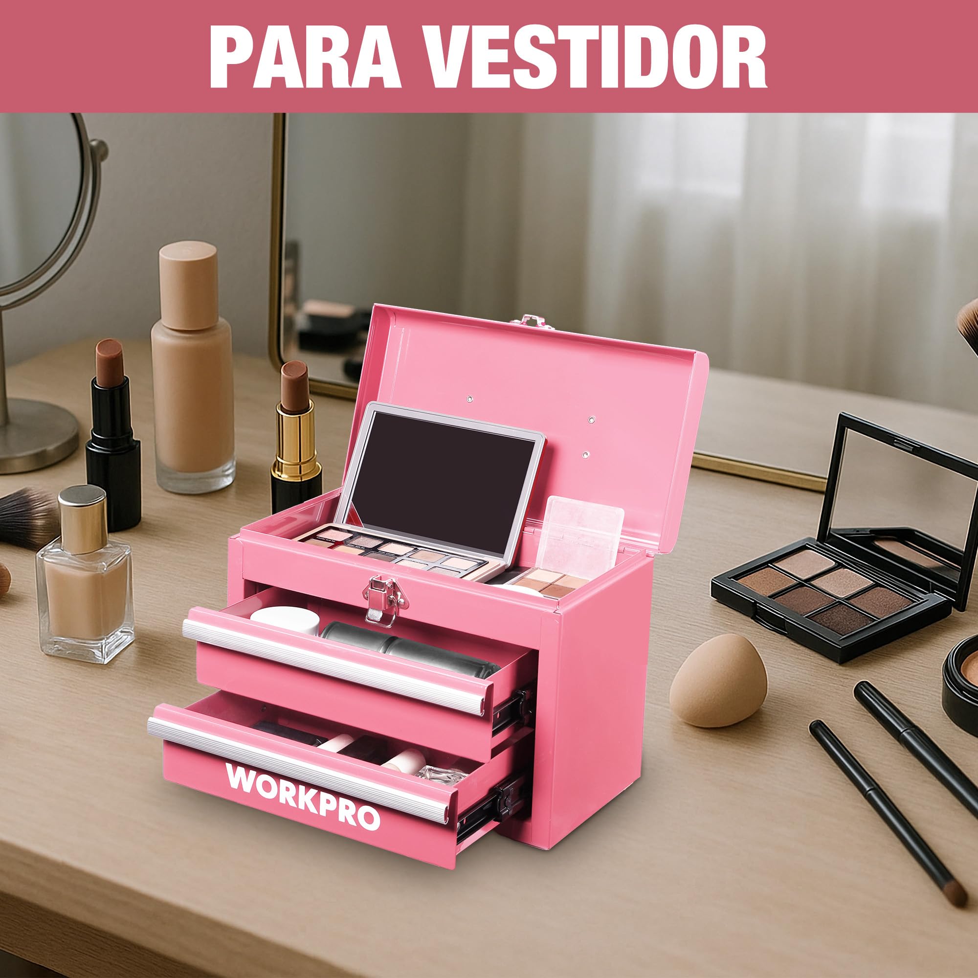 WORKPRO Maletín de Herramientas Metálico con 2 Cajones, Organizador Portátil Pequeño con Asa y Cerradura, Caja de Herramientas para Uso Doméstico, Oficina y Taller - Rosa
