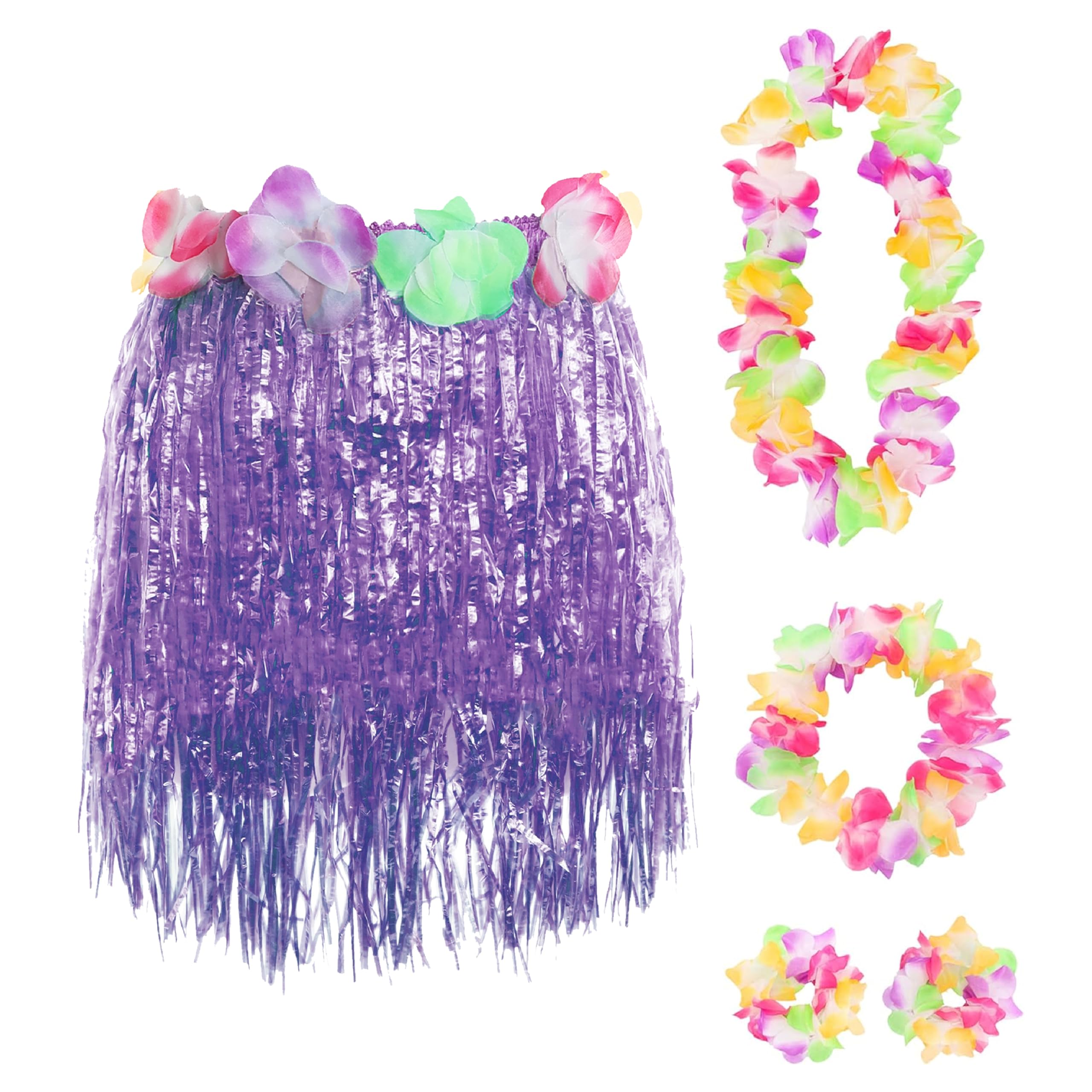 Hawaiian Set Fancy Dress Costume Kit - Coloured 40cm Short Hula Skirt + Flower Lei Necklace + Pair of Flower Bracelets + Headband - 5 Piece Hawaii Grass Skirt Luau (Purple)