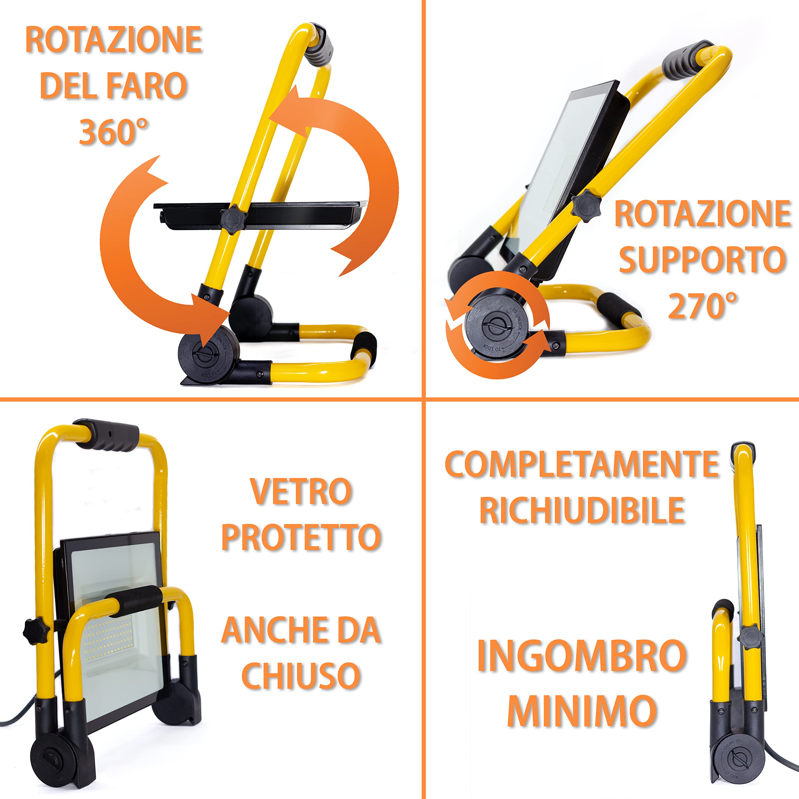 ELETTROWATT - Faro LED da lavoro 200W, 16000 lm, luce bianca 4000K - portatile, impermeabile, supporto pieghevole, per uso interno ed esterno, officina, giardino, cantiere, garage, imbianchino