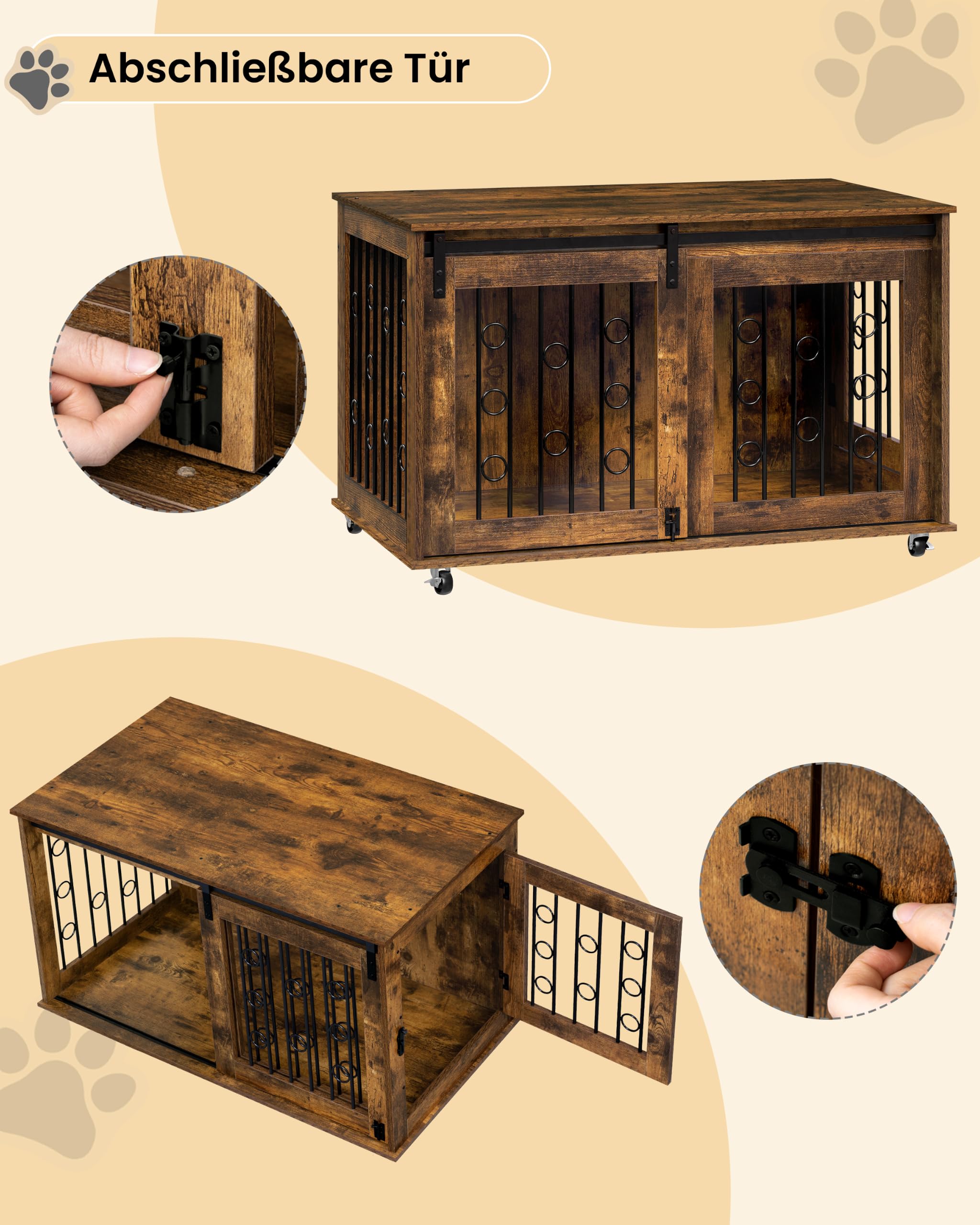 EUGAD Hundekäfig Möbel, Hundebox für Zuhause mit 2 Tür 5 Rädern, Hundebox Holz Kleine/Mittlere Hunde bis zu 60kg, Hundekäfig für Zuhause Dekorative Hundeschrank Vintagebraun 100x56x58cm