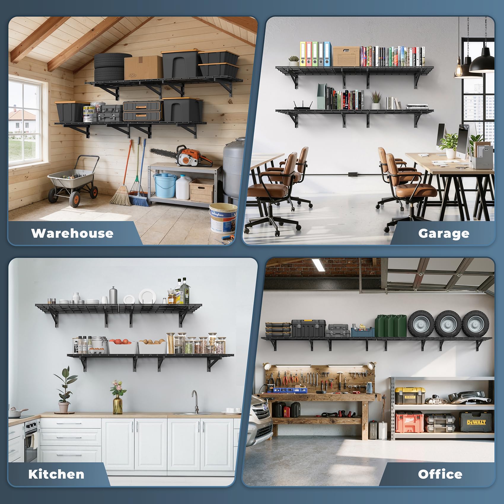 Jusgym Set di 4 mensole da parete resistenti per garage (0,6 x 0,9 m), mensole da parete per garage, capacità 453,6 kg, 61 x 182,9 cm, mensole galleggianti, colore nero