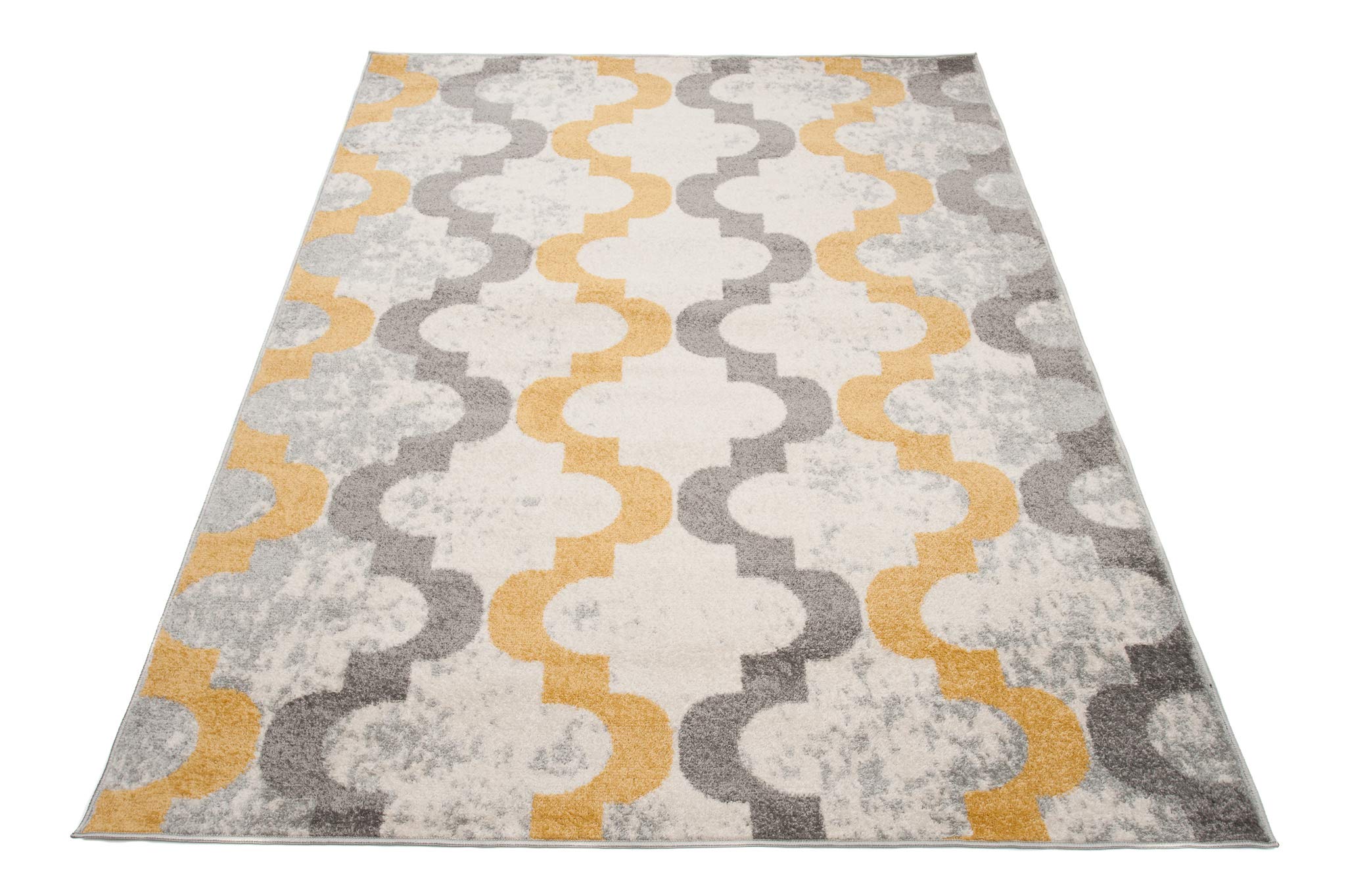 Tapiso LAZUR dywan do salonu, krótkie runo, nowoczesny design, ornament, wzór szary, kremowy, żółty, marokański, geometryczny kratka, ÖKOTEX 180 x 260 cm