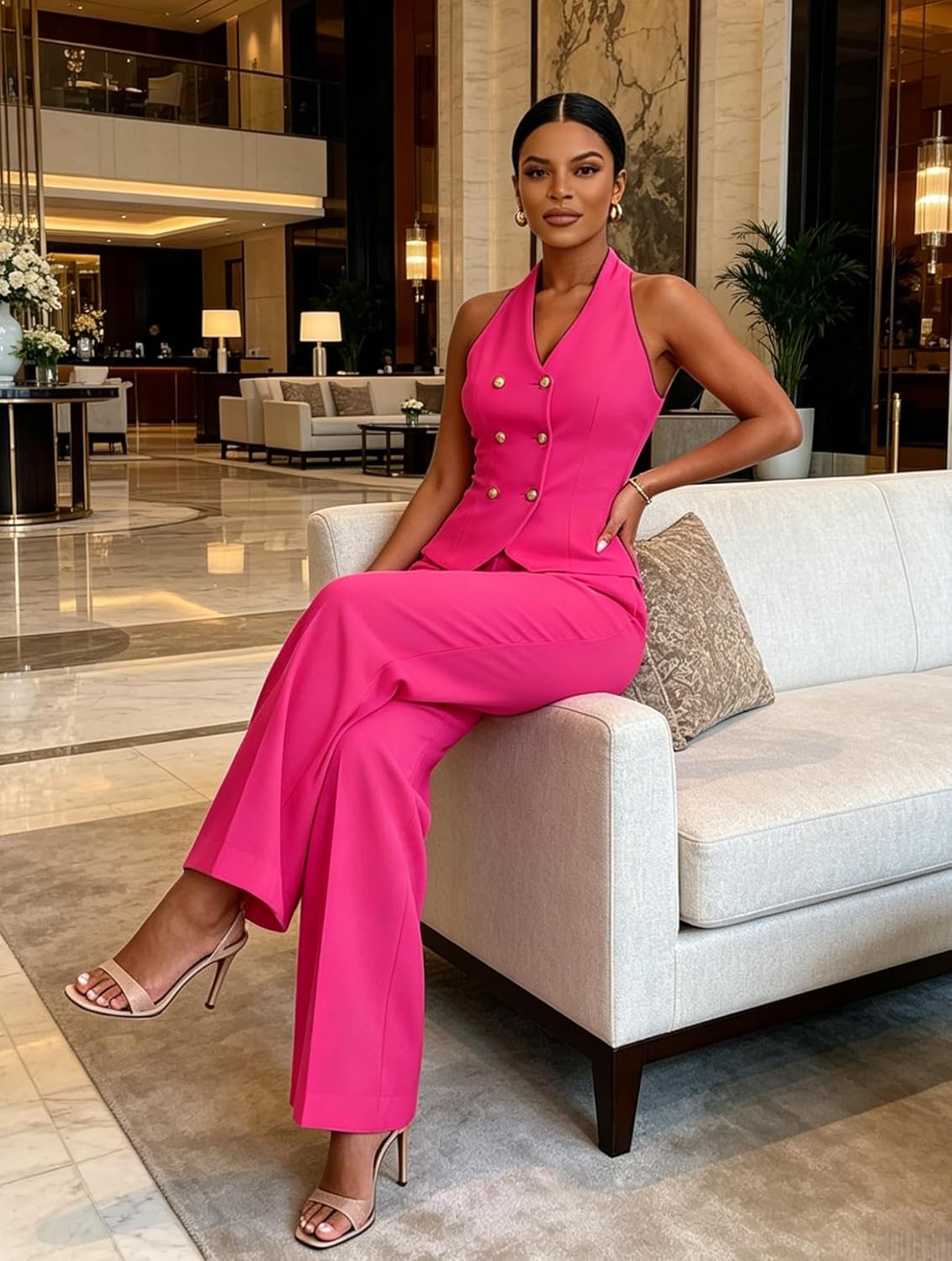 Women's 2 Piece Double Breasted Peaked Lapel Vest Blazer Pant Set Summer Lightweight Casual Office Outfits