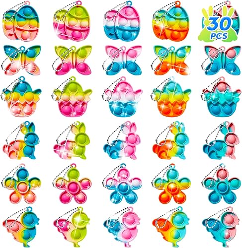 Miniatura 1 de 30 piezas de cesta de Pascua para niños juguetes de llavero Pop Fidget - Regalos de fiesta, bolsas de regalo, premios de aula, paquete de alivio del