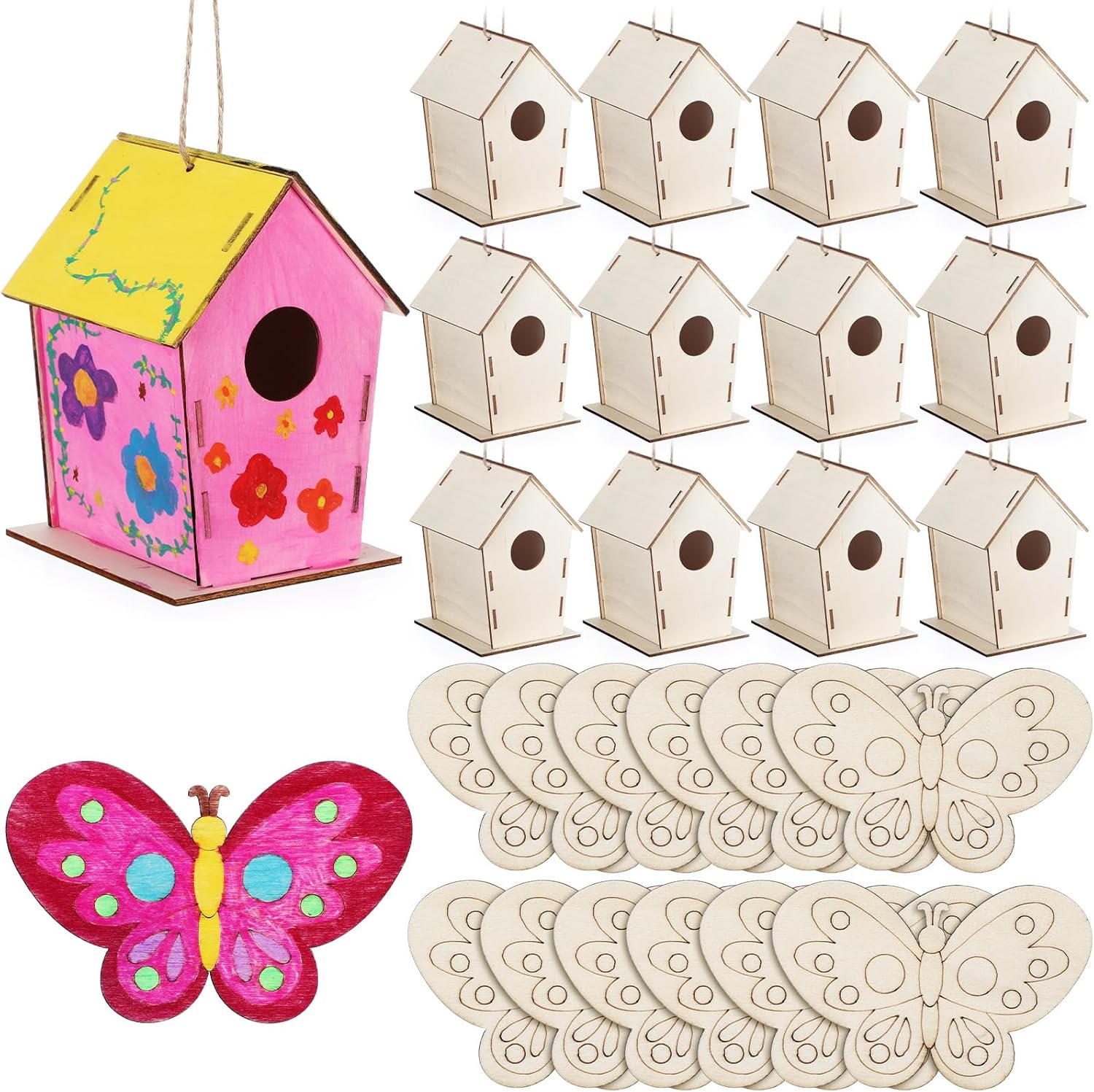 DoubleFill 96 Pack Wooden Bird Houses Bulk, Butterfly Wood Chips for DIY Unfinished Hanging Birdhouse Kits, Wooden Craft Houses to Paint VBS Craft Family Crafts Party Favor