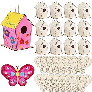 DoubleFill 24 Pack Wooden Bird Houses Bulk, Butterfly Wood Chips for DIY Unfinished Hanging Birdhouse Kits, Wooden Craft Houses to Paint VBS Craft Family Crafts Party Favor
