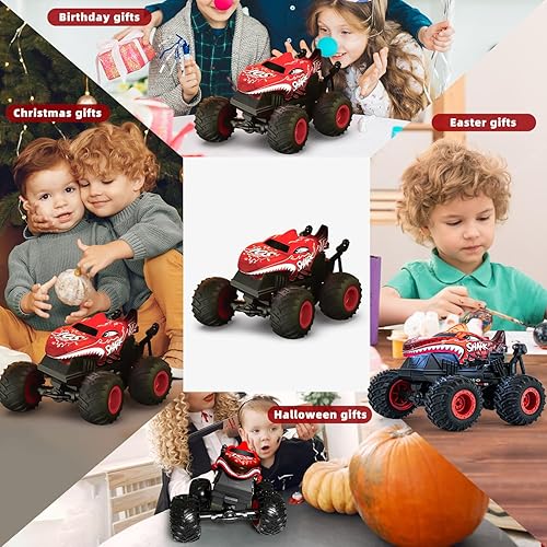 Miniatura 9 de Gohero Camión monstruo de juguete a control remoto, escala 120, camión monstruo de tiburón a control remoto con luz y música, auto de control remoto