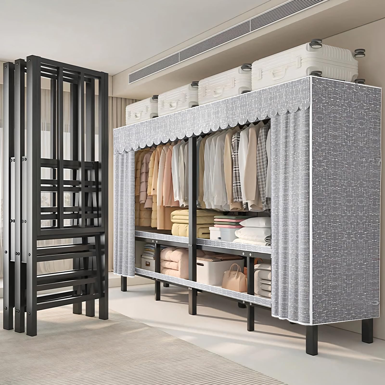 150cm Stoffschrank Tragbarer Kleiderschrank mit Abdeckung, 500kg, Faltbarer Kleiderschrank mit Kleiderstangen, Faltschrank mit Reißverschluss, Stoffschrank für Schlafzimmer (A, 150 x52 x170cm)