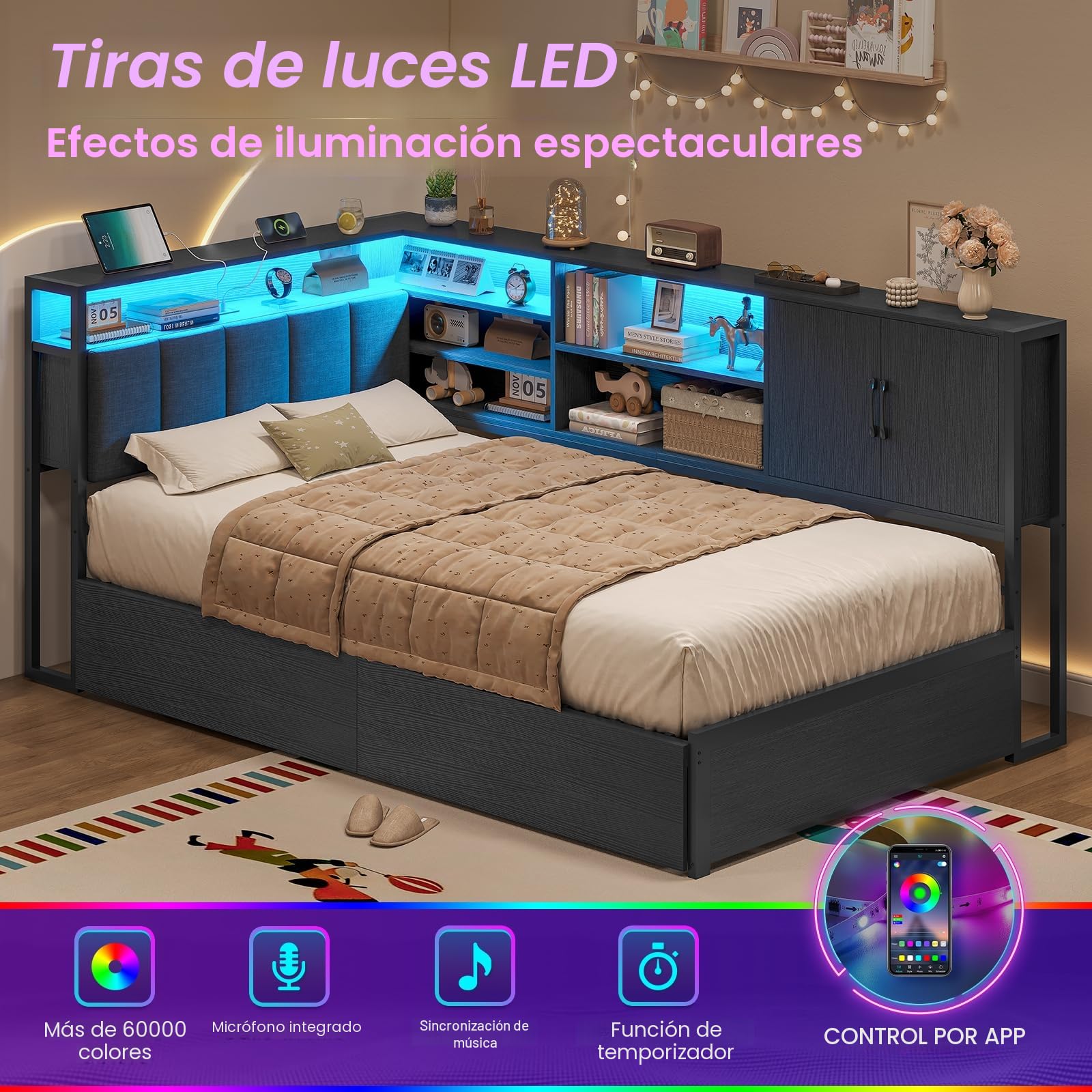 KIMENICH Cama tapizada sofá Cama 90 x 200 cm con iluminación LED, estación de Carga, Camas Juvenil con 2 cajones y somier de láminas de Metal, cabecero con Almacenamiento, estantes Abiertos, Negro