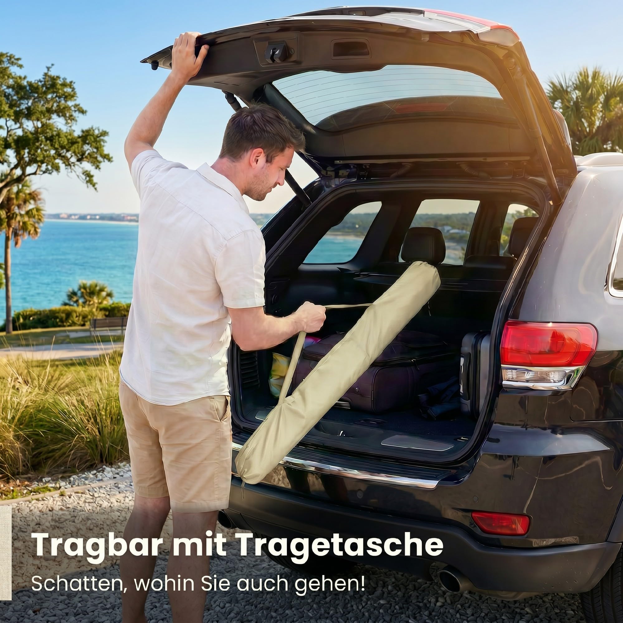 Outsunny Sonnenschirm Strand Ø150 cm Strandschirm mit Sonnenschutz wasserabweisend faltbar mit Sandanker und verstellbarer Neigung Tragetasche für Camping Reisen Strand Beige