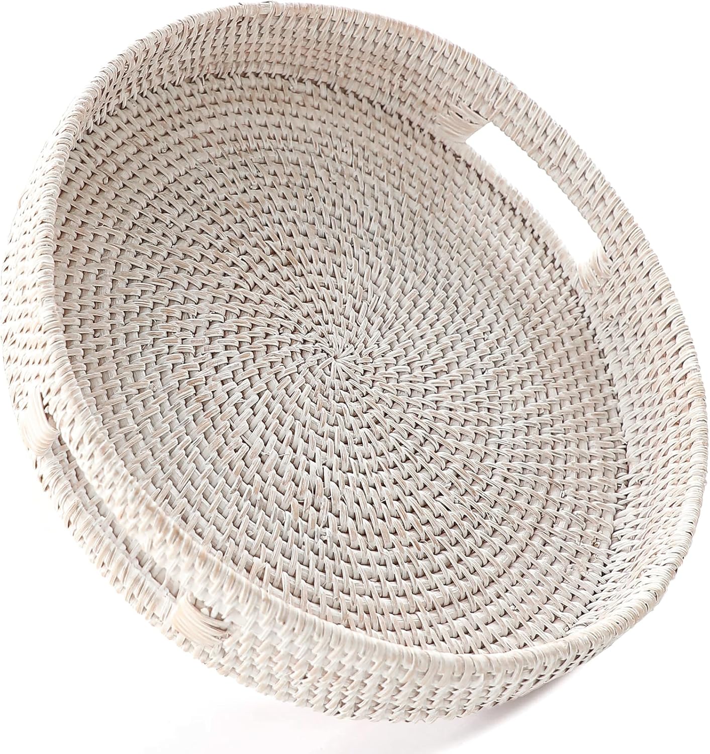 HITOMEN 14.2'' Hand-Woven Round Rattan Serving Tray Decorative Ottoman Wicker Platter with Handles for Coffee Table, Breakfast, Drinks, Snack, Bread, Fruit, Vegetables (Whitewash-L) 14.2" Whitewash