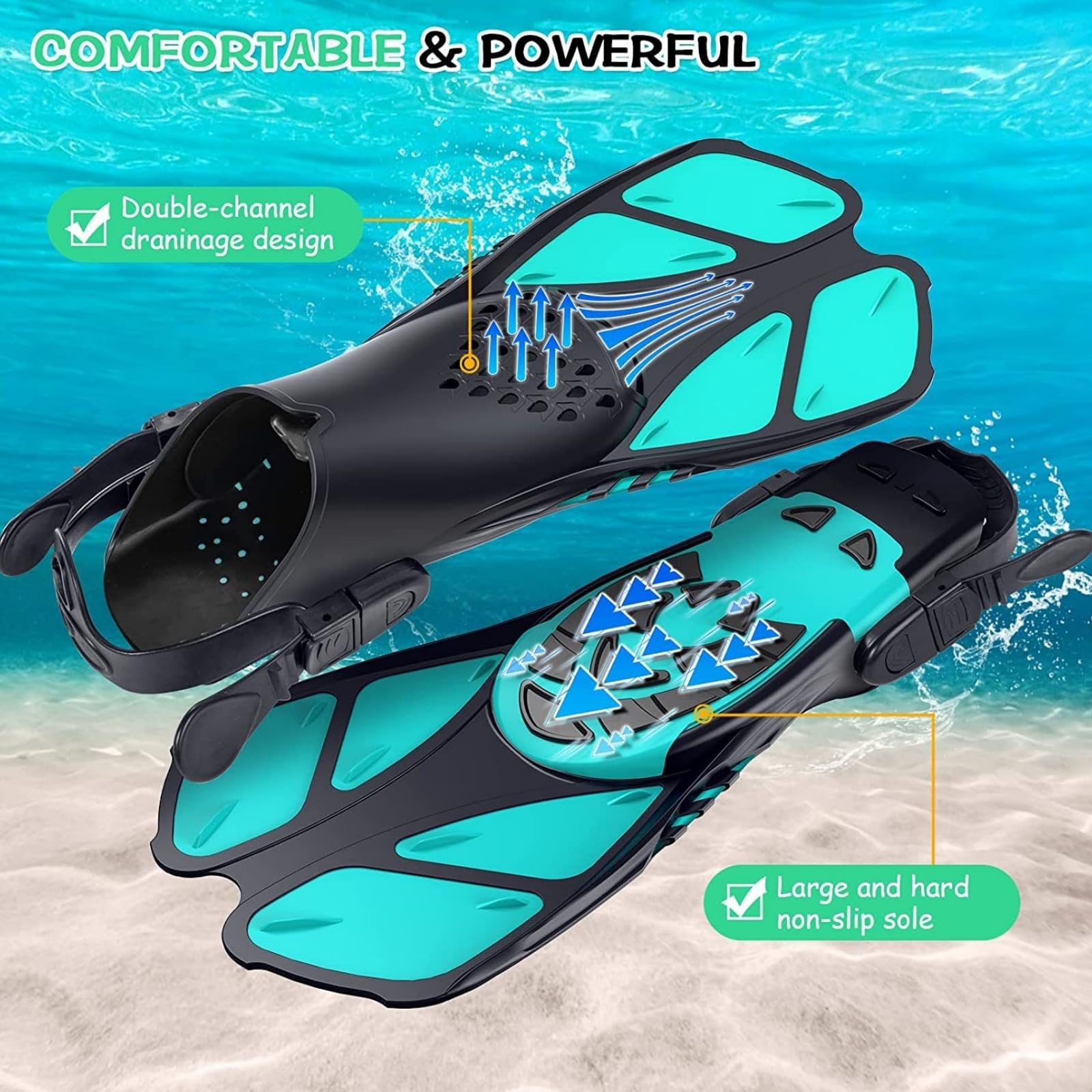 1 par de aletas de buceo, aletas de natación, tamaño de viaje corto ajustable para snorkeling, buceo, adultos, talón abierto, aletas de buceo