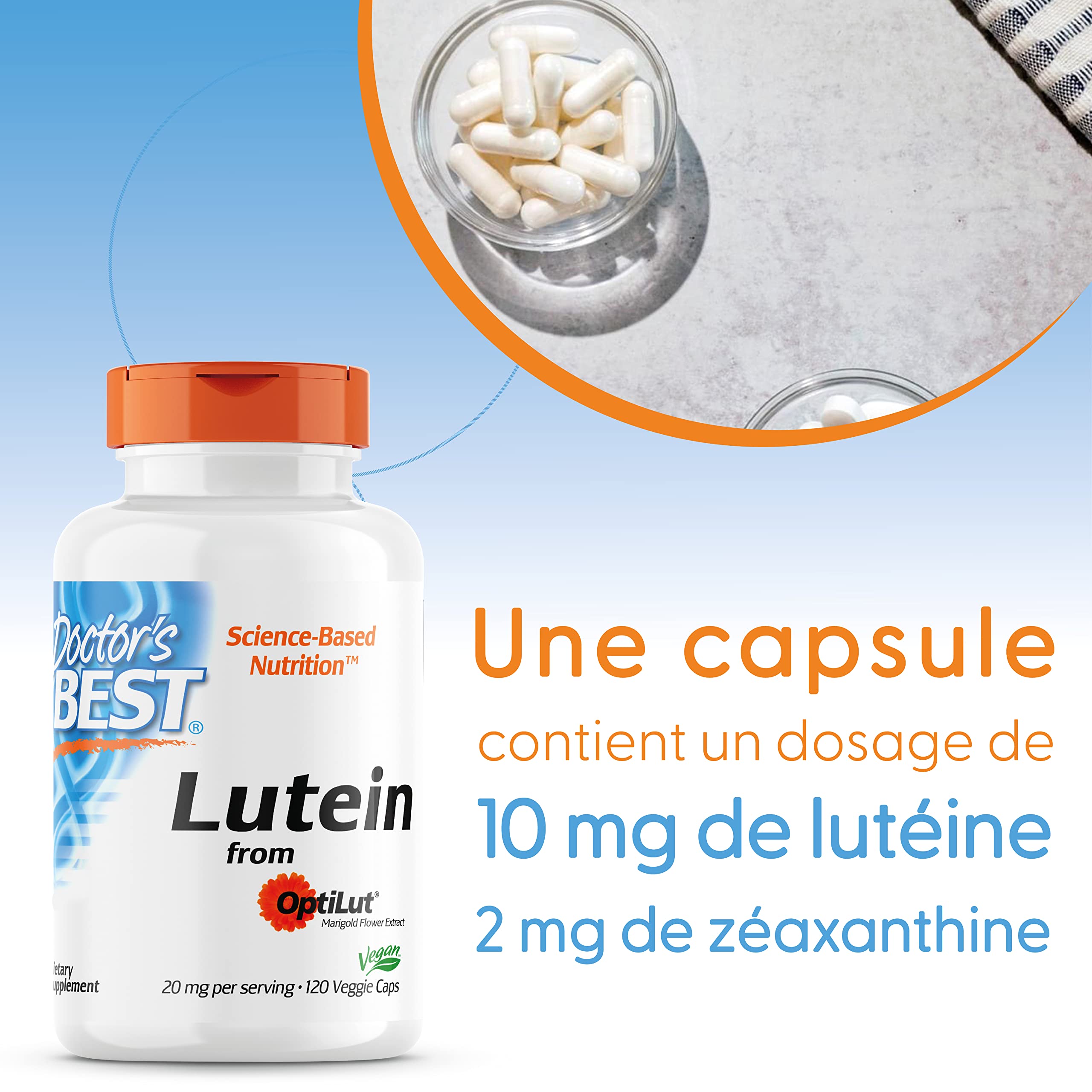 Doctor's Best, Lutéine, avec Optilut, 10 mg, 120 Capsules végétaliennes, Caroténoïde, Zéaxanthine, Testé en Laboratoire, Haute Dose, Sans Soja, Sans Gluten