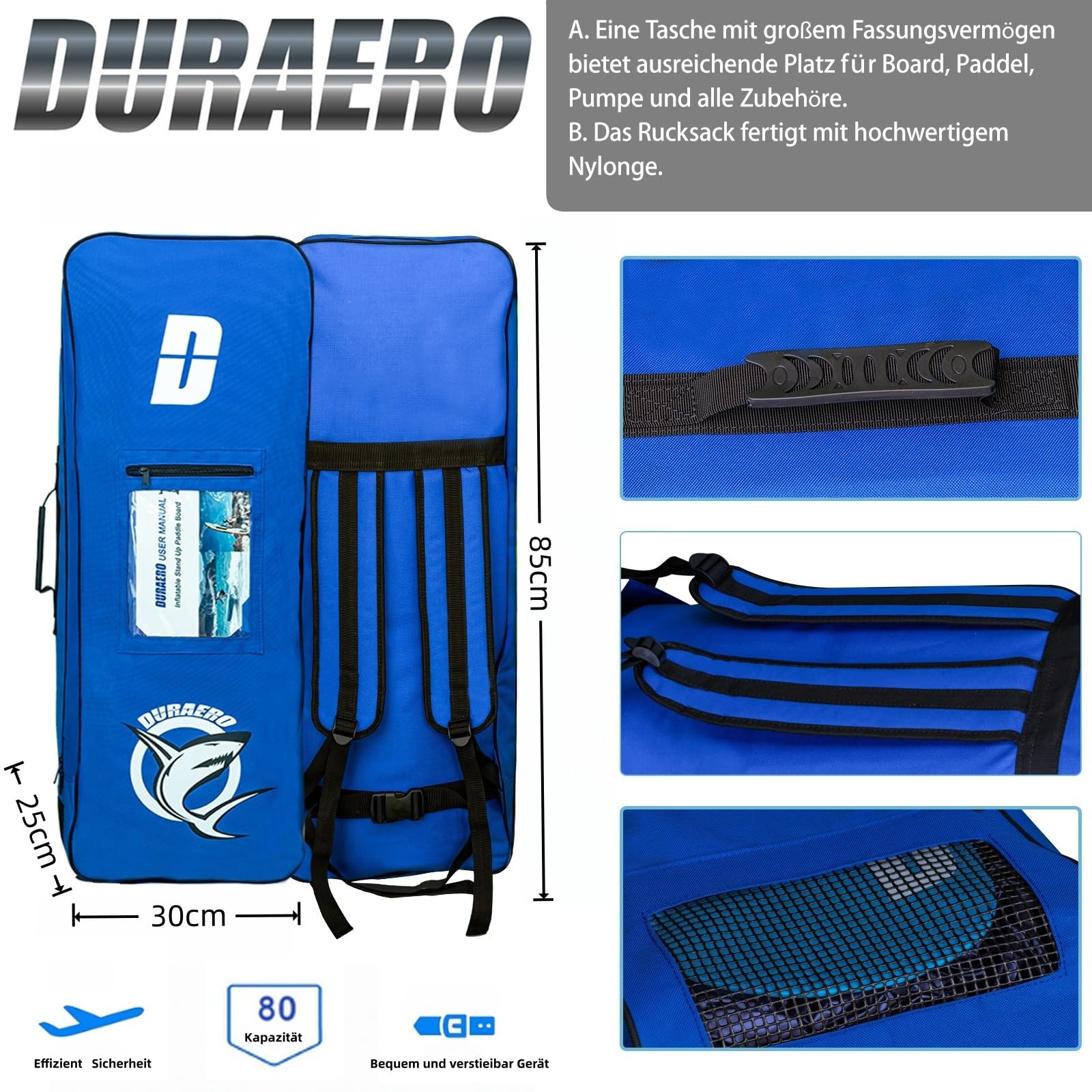 DURAERO Tavola SUP gonfiabile XXL 330cm, stand up paddle con sedile kayak e poggiapiedi, pagaia doppia, supporto fotocamera, accessori completi, portata 150 kg, effetto legno