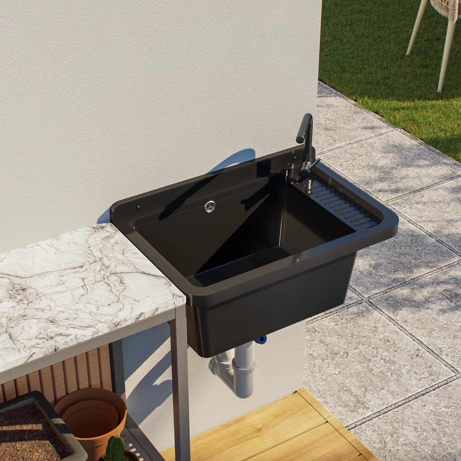 QLS Fregadero plástico 50,8x33,8 cm con sifón y kit negro | Para garaje, taller y lavadero. Resistente al calor, fácil de limpiar, interior/exterior, con kit de montaje