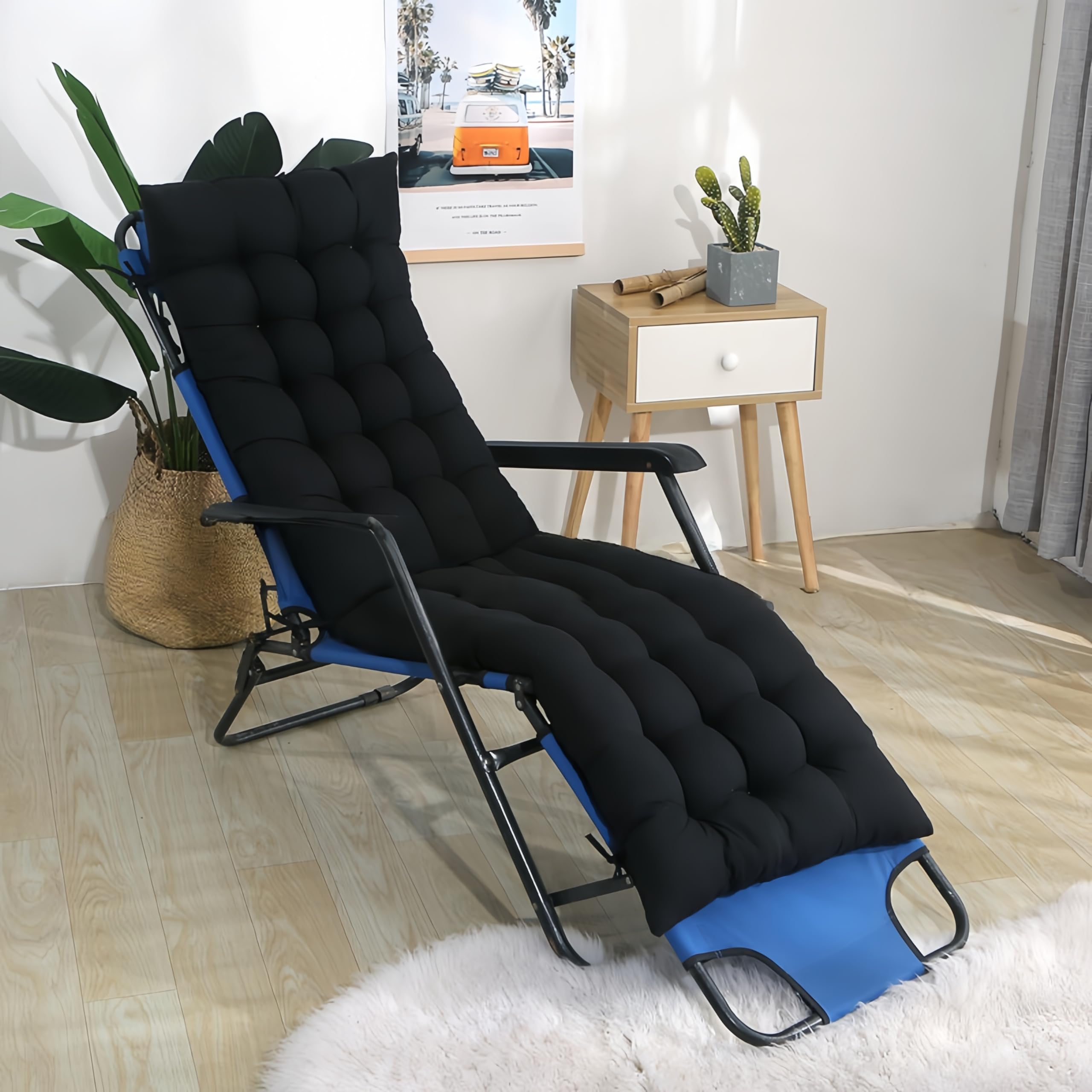 Surwin Sun Lounger Cushions Only, Solid Color Soft Recliner Cushions Thick 8cm lounger Seat Pads for Indoor Outdoor Patio Yard Beach Garden (Black,53x180cm)