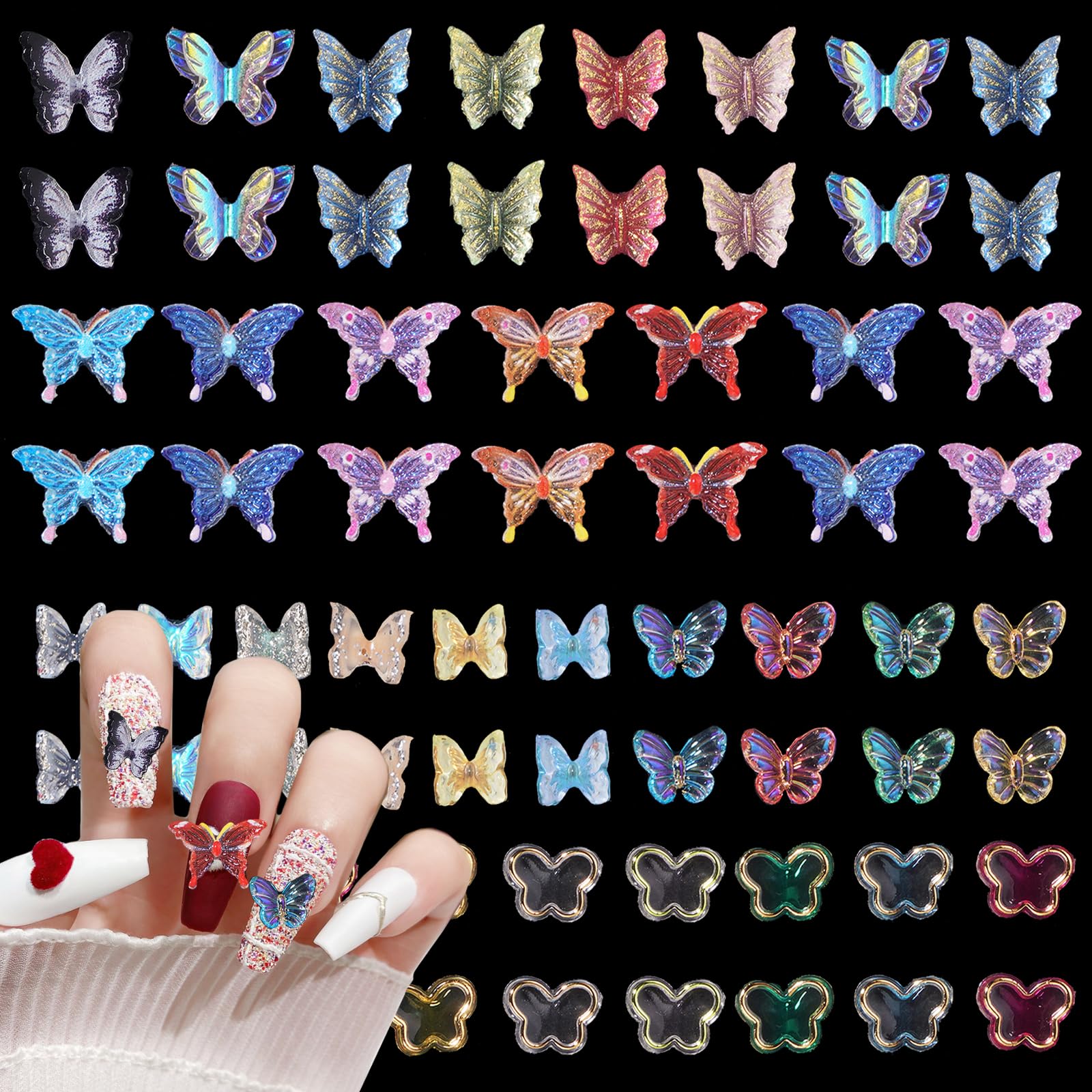 Photo 1 of 100Pcs Assorted 3D Butterfly Nail Charms, Mix Color Cute Butterflies Charms for Acrylic Nails Art DIY Accessories