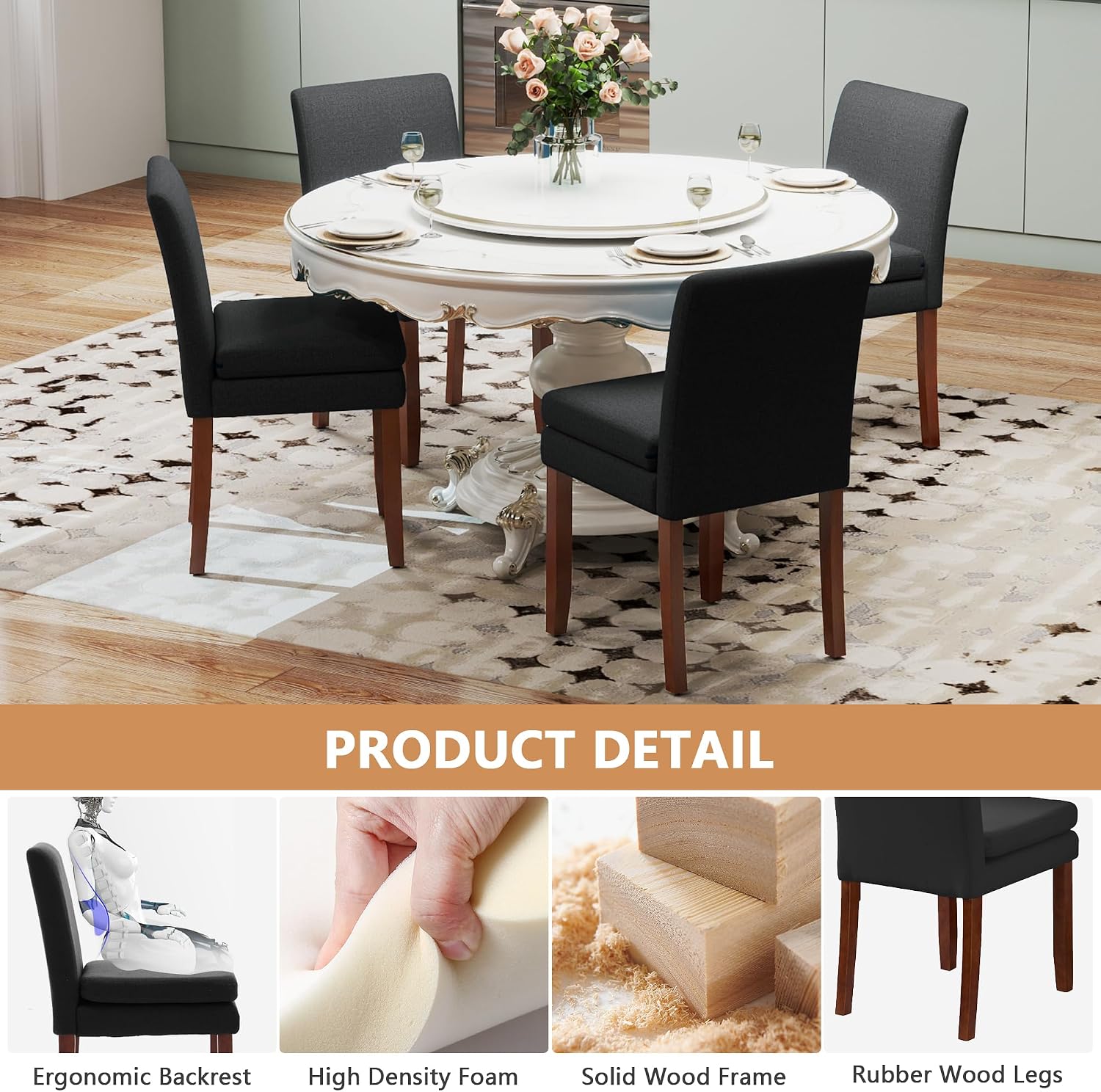 Upholstered Dining Chairs Set of 6, Modern Dining Chairs with Double-Layer Cushions and Wood Legs, Linen Kitchen Accent Side Chairs, Farmhouse Armless Chairs for Dining Room Kitchen, Black