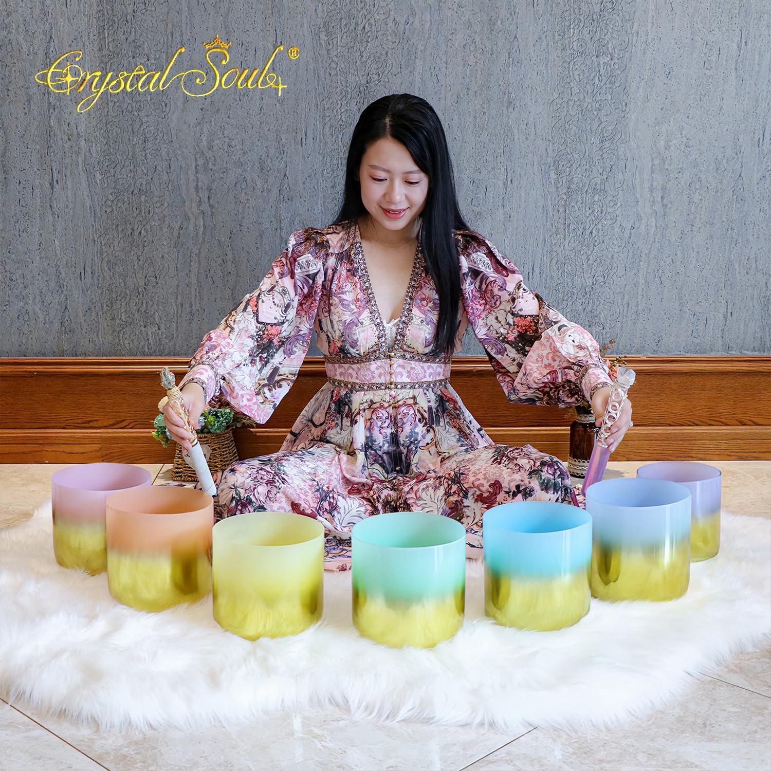 Crystal Soul Sacred Gold Kristall-Klangschalen-Set, CDEFGAB, 14 - 17,8 cm