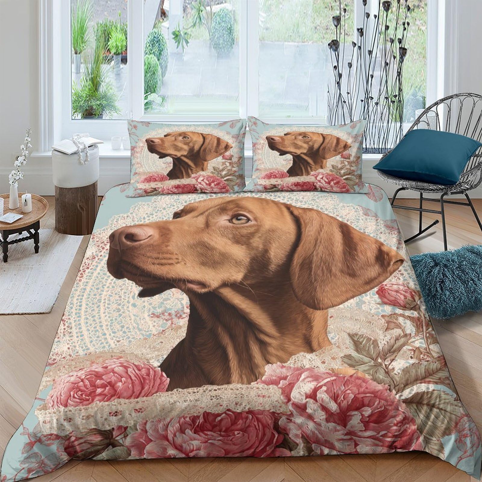 Housse de couette 140x200 motif chien imprimé 3D avec parure de lit fleurs
