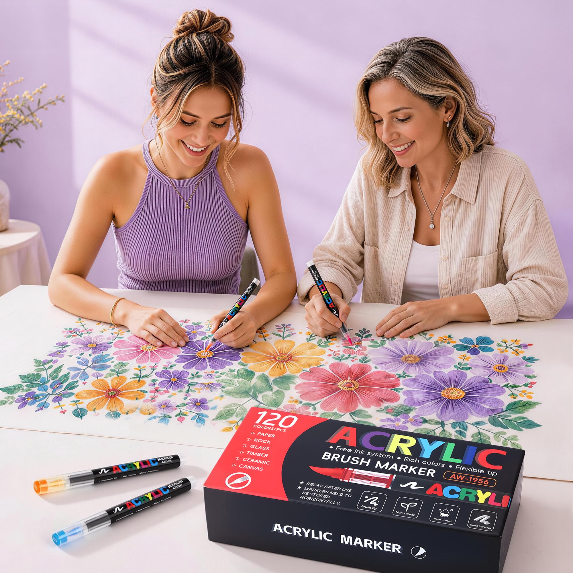 Tongfushop 120 Farben Acrylstifte Set, Pinselspitze Acrylmarker mit Automatischer Tintenkontrolle, Deckend & Permanent für Stein, Keramik, Holz, Leinwand, Professionelles Zubehör für Kreative & Profis