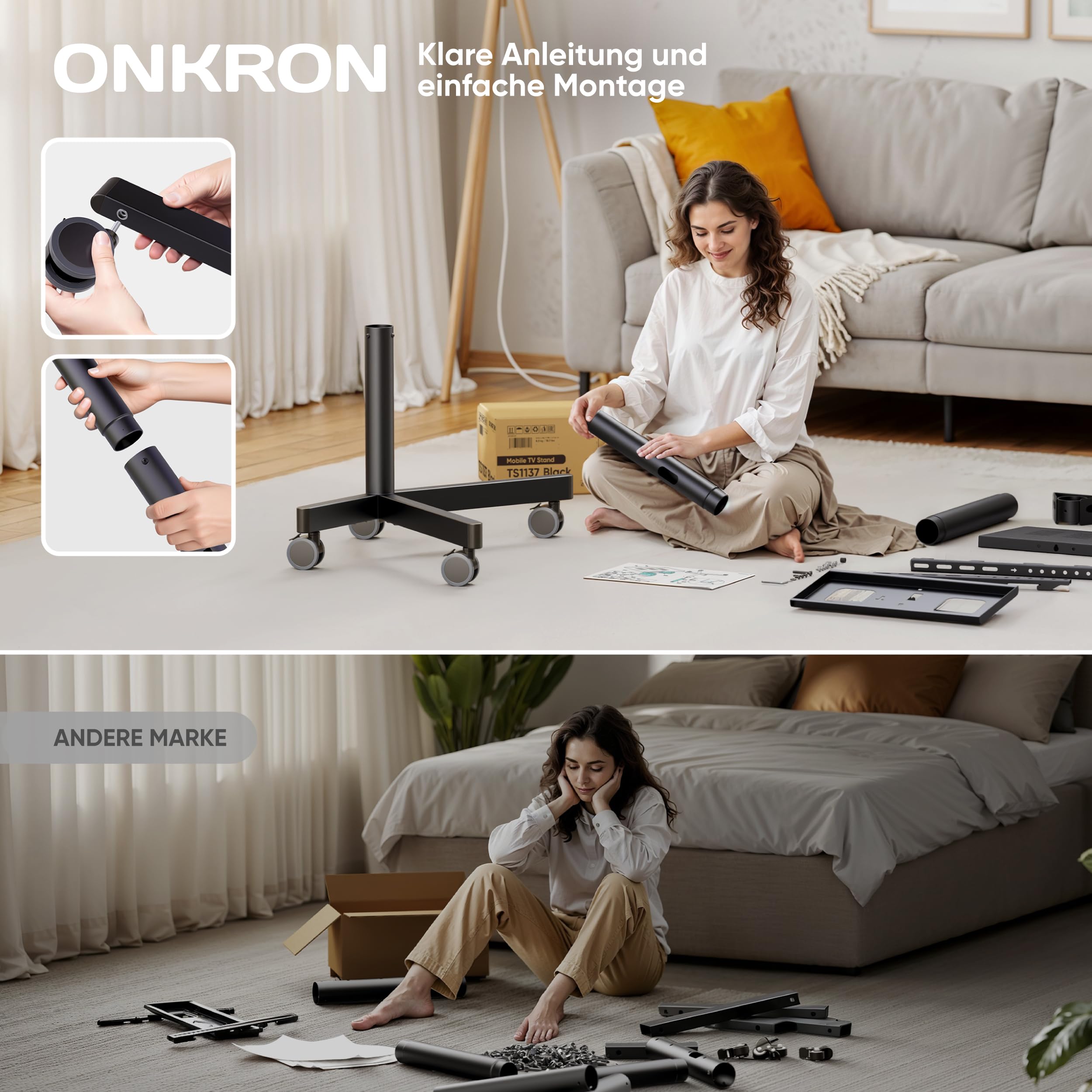 ONKRON TV Ständer rollbar für 23-60 Zoll Fernseher, max Last 45 kg, mobiler TV Standfuss höhenverstellbar, Fernseh Rollwagen max VESA 400x400, Fernsehständer mit Rollen, Ablage Schwarz TS1137-B