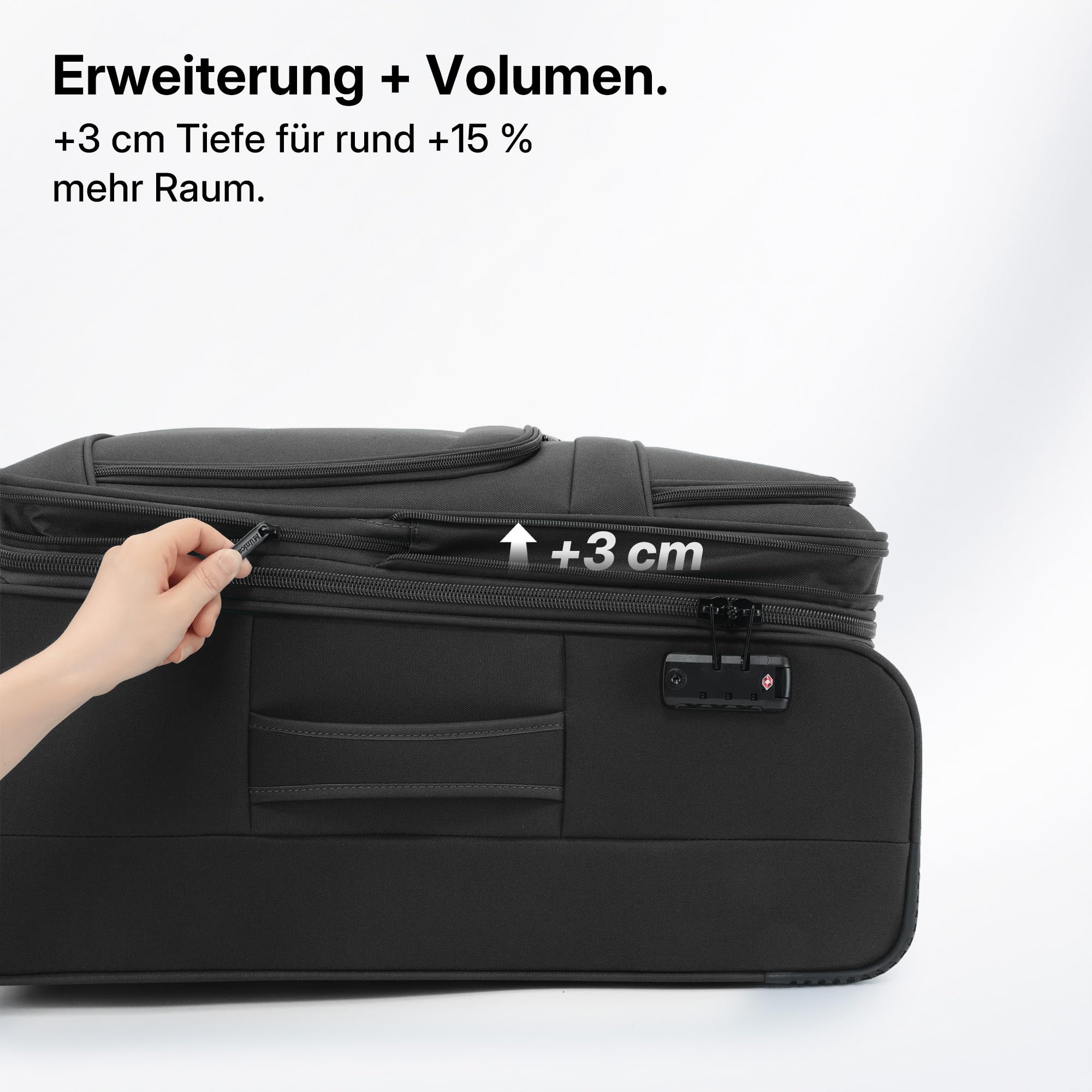 Münicase Stoffkoffer erweiterbar mit Frontfächern,15% Extra-Volumen, TSA-Schloss, 360° Doppelrollen & verdecktem Namensschild (Schwarz, Koffer M (55 cm) erweiterbar)