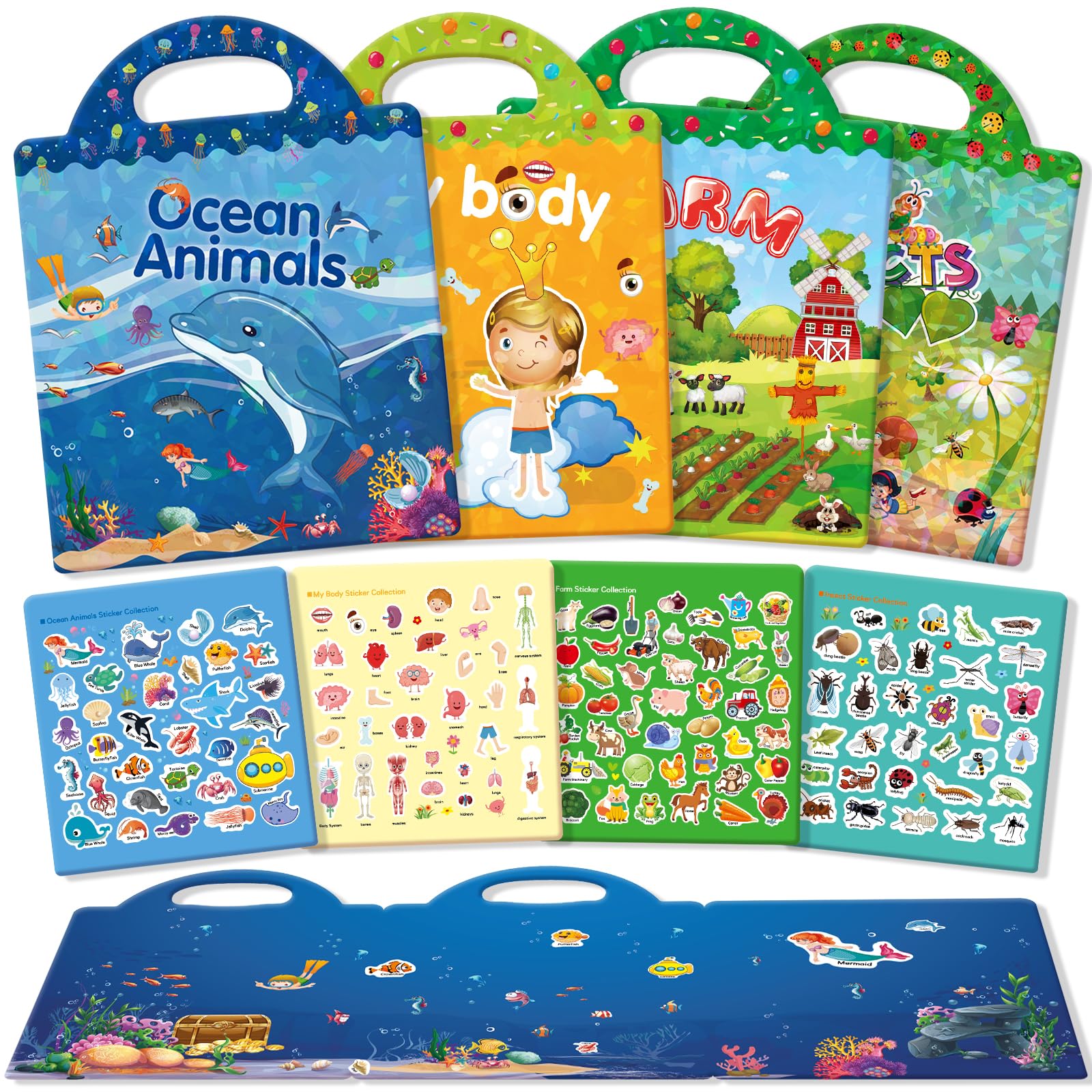 GUYUCOM 4 Pack Stickerbuch ab 2 3 4 5 6 Jahre Sticker Book Set Meerestiere Körperteil Insekt Bauernhof Spielzeug für Kinder Lerngeschenke Kinderspielzeug Weihnachten Geburtstag Geschenke