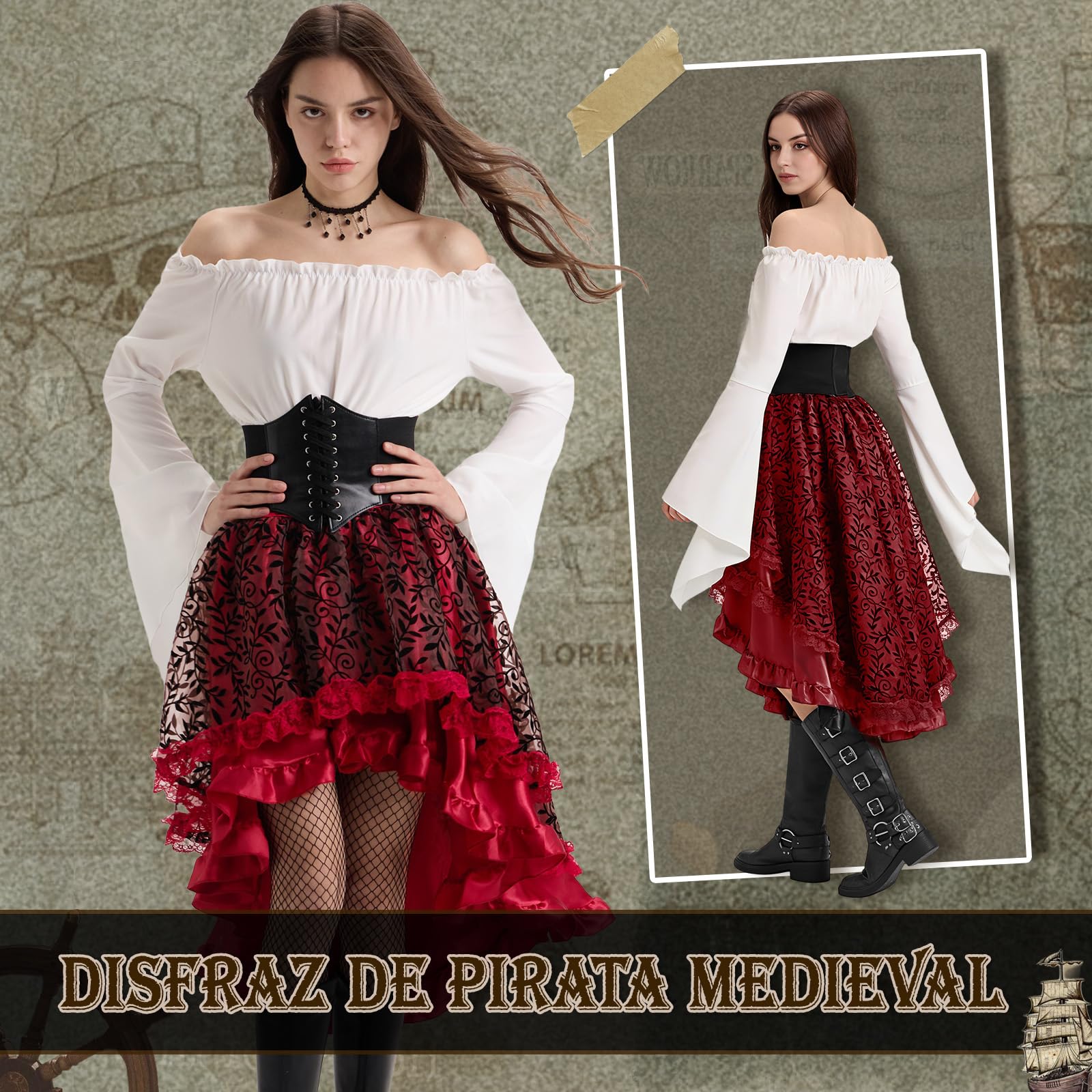 Charmofun Disfraz de Pirata para Mujer, Vestido Medieval Mujer con Top Con Hombros Descubiertos, Corsé de Pirata, Costume Victoriano Renacentista para Carnaval Halloween Cosplay (Rojo, L)