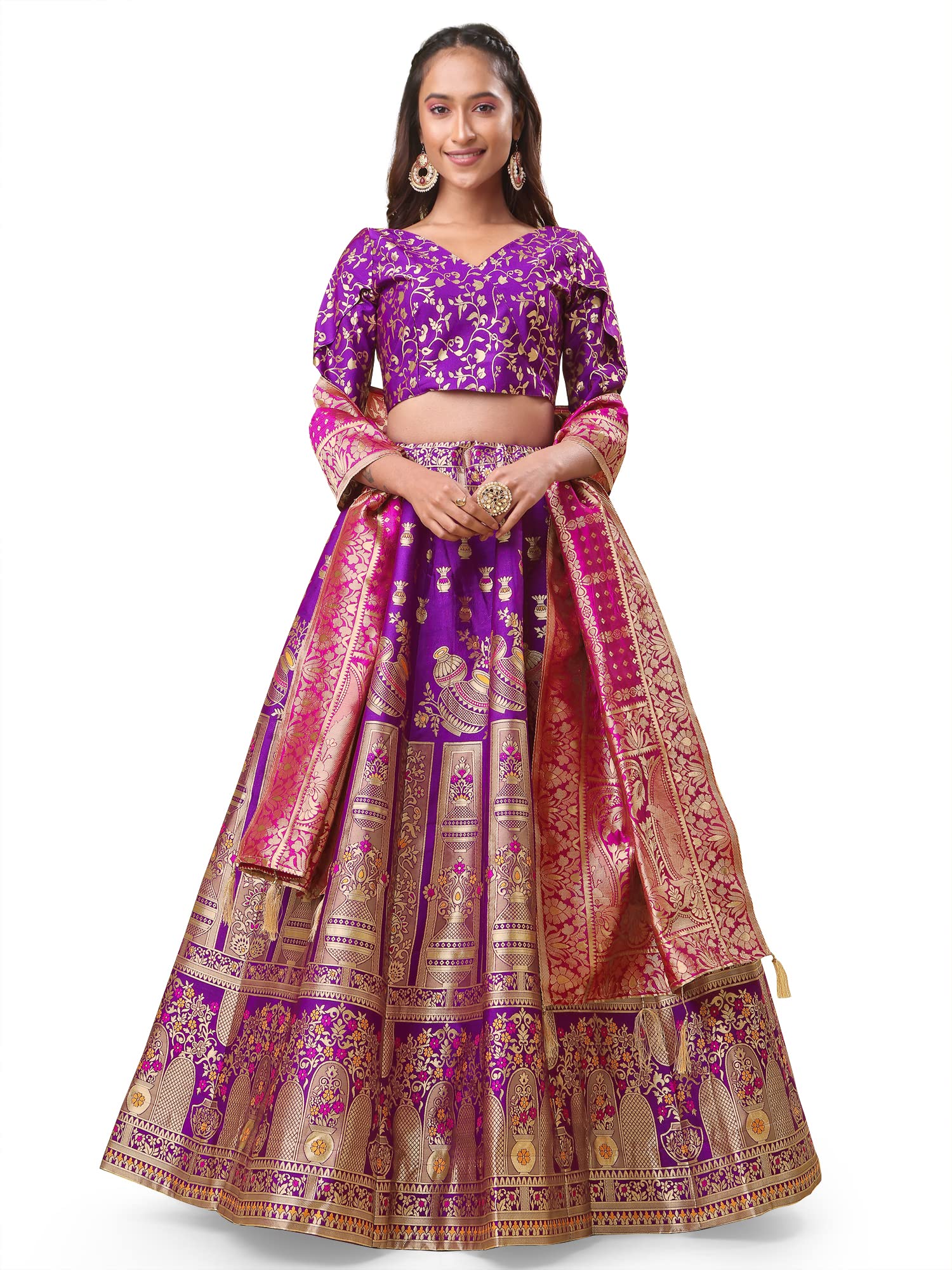 Purvaja Women's Jacquard Semi-Stitched Lehenga Choli (Kumbh-Wine_Wine_Free Size)