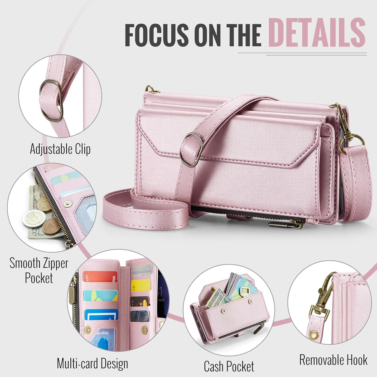Phone Case for iPhone 6plus 6splus 7plus 8plus i 6/6s/7/8 Plus Zipper Wallet Cover with Screen Protector RFID Blocking Card Holder Cell iPhone6splus i Phone7s 7s 7+ 8s 8+ Phones8 6+ i6 6s+ Rose Gold