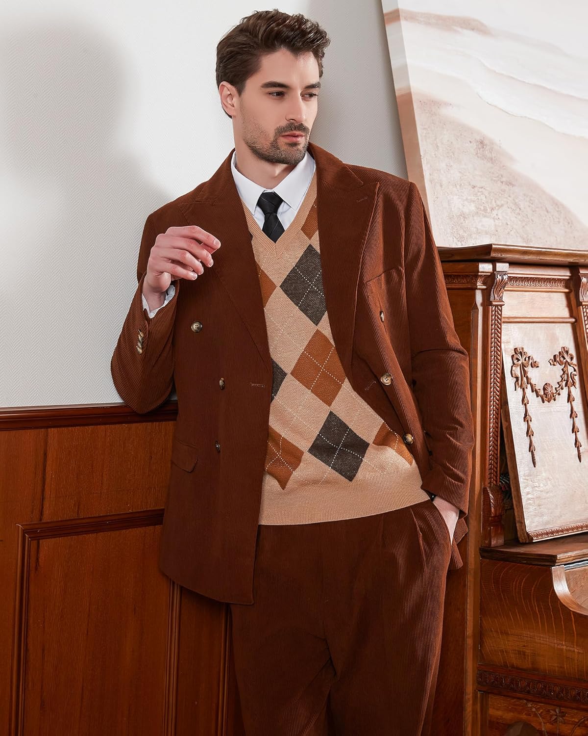 Kallspin Men's Argyle Vest Sweater Wool Blend V-Neck Sleeveless Pullover Sweater - Image 5