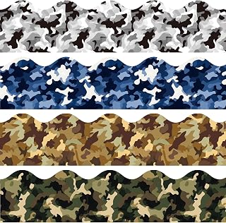 Whaline 70.8Ft 72Pcs Camo Bulletin Board Borders Camouflage Scalloped Hunting Camo Self-Adhesive Border Trim Sticker Decals for Home Classroom Retirement Camping Themed Party Wall Decoration, 4 Design