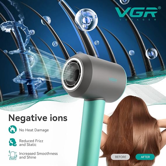 VGR Hair Dryer with Diffuser for Curly Hair - Negative Ionic Lightweight Professional Air Blow Hairdryer - High Speed Powerful 110000 RPM Fast Dry Brushless Motor - Nozzle Accessories - Women Men