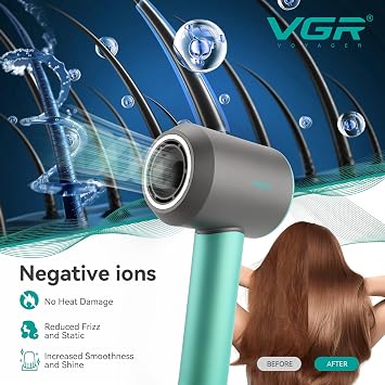 VGR Hair Dryer with Diffuser for Curly Hair - Negative Ionic Lightweight Professional Air Blow Hairdryer - High Speed Powerful 110000 RPM Fast Dry Brushless Motor - Nozzle Accessories - Women Men