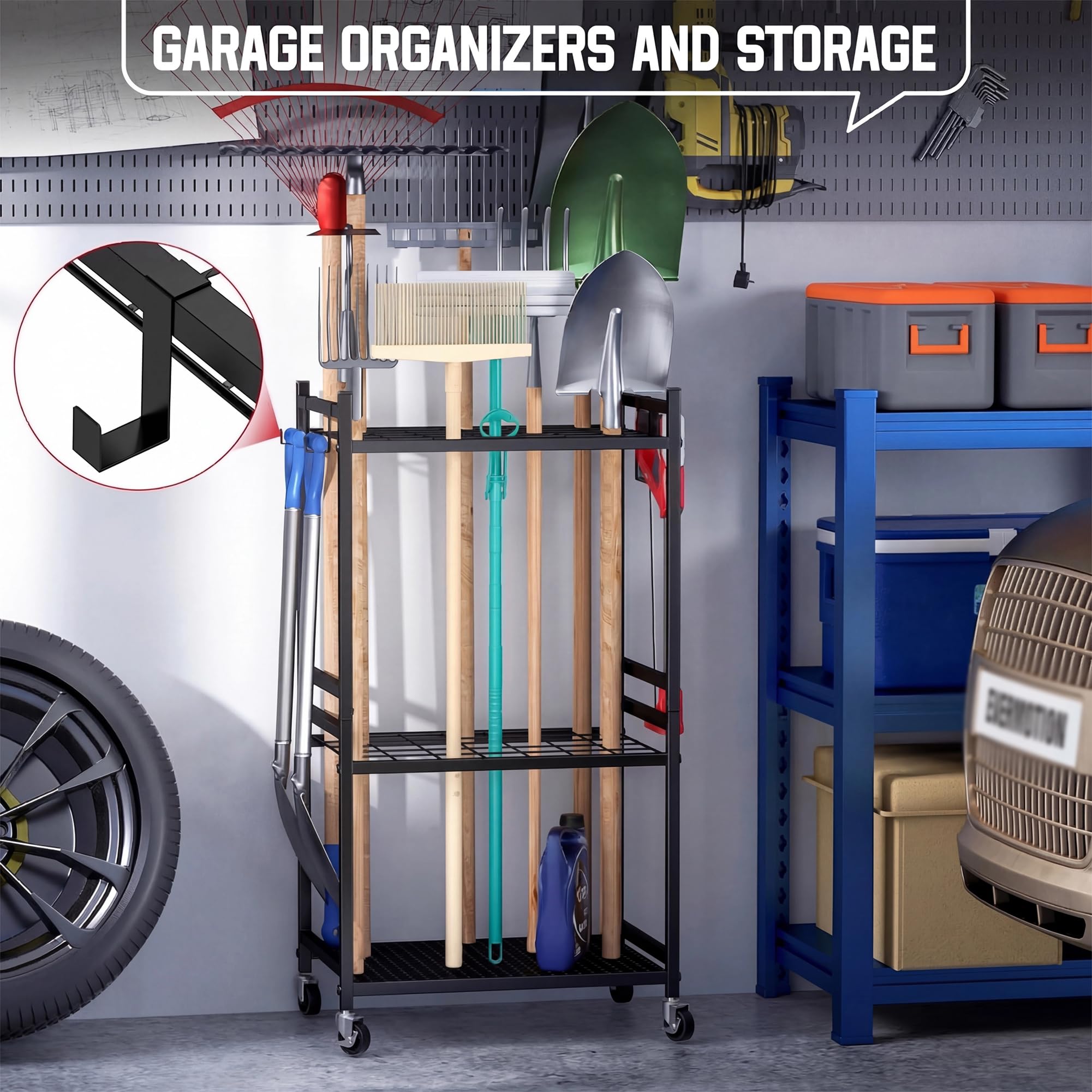 Stojak na narzędzia ogrodowe i organizer do przechowywania – konstrukcja ścienna lub wolnostojąca, idealny do garażu, szopy lub patio, utrzymuje łopaty, grabie i węże starannie przechowywane, odporne