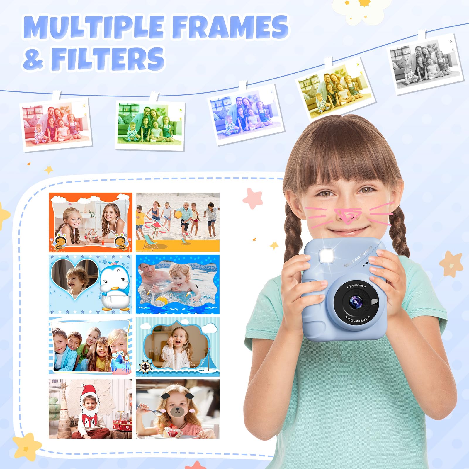 CalineGam Macchina Fotografica Bambini Istantanea, 3,0'' Schermo HD 48MP Fotocamera Digitale Bambini con Scheda da 32GB, Camera Giocattolo Regalo per Ragazzi e Ragazze dai 3 ai 12 Anni (Blu)