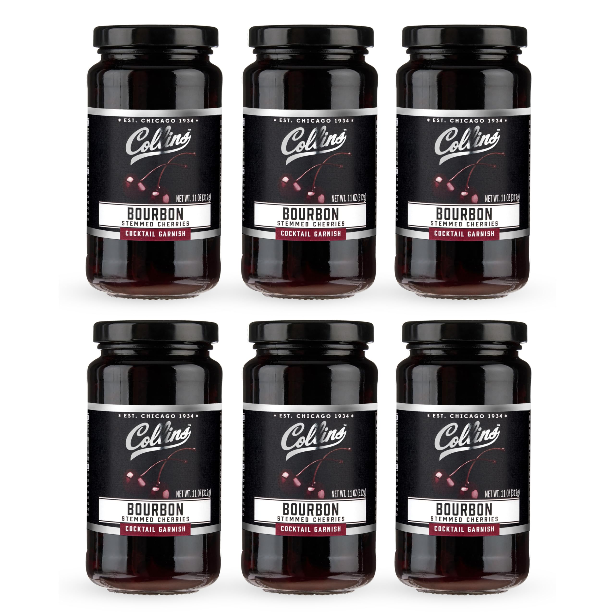 Collins Bourbon Cocktail Cherries - Drinks Garnish for Manhattan or Old Fashioned Cocktails and Desserts, Made with Award Winning Whiskey, Set of 6 11 oz Jars