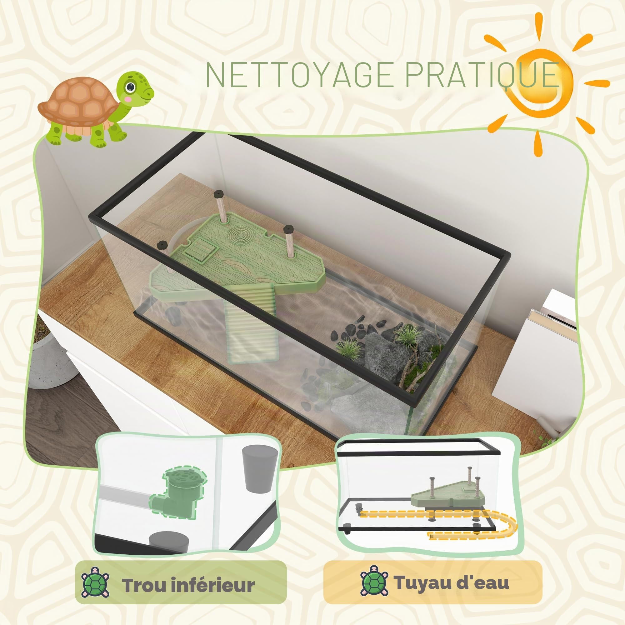 PawHut Terrarium pour tortues, Aquarium en verre de 50L avec plateforme de bain, rampe, simple évacuation, thermomètre à bandes, pour petites tortues, 60 x 30 x 32 cm