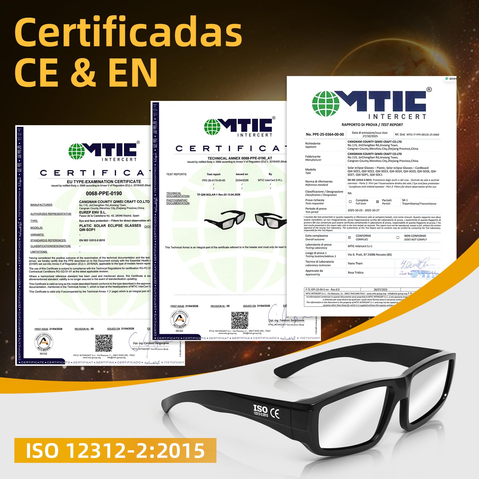 Gafas Eclipse Solar Homologadas 2026 [Pack 3/6] - Certificadas CE & ISO 12312-2:2015 Gafas de plástico eclipses- Protección Premium UV/IR para Eclipse Solar Total del 12 Agosto - Adultos y Niños
