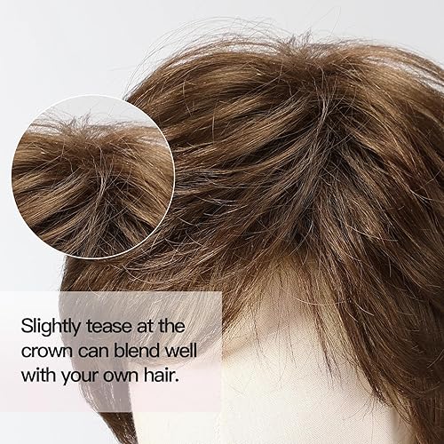 Miniatura 10 de EMMOR Peluca de mezcla de cabello humano marrón corto para mujer, pelucas de cabello natural ligero en capas, más suave, finaligera para todos los