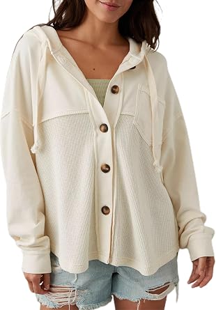 YEMOCILE Womens Waffle Knit Hooded Shacket Oversized Long Sleeve Button Down Stitching Jacket Coat Outfits