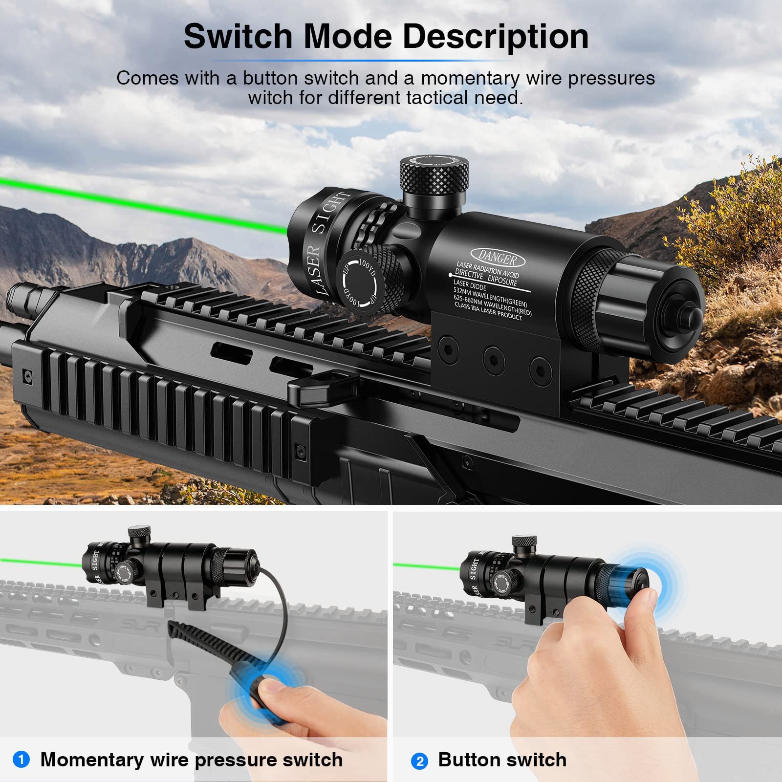 KinZon Lunette de visée Laser Vert/Rouge Tactique 532nm avec Support Picatinny 20mm et Adaptateur de Support d'anneau, pour Fusil Chasse et Airsoft