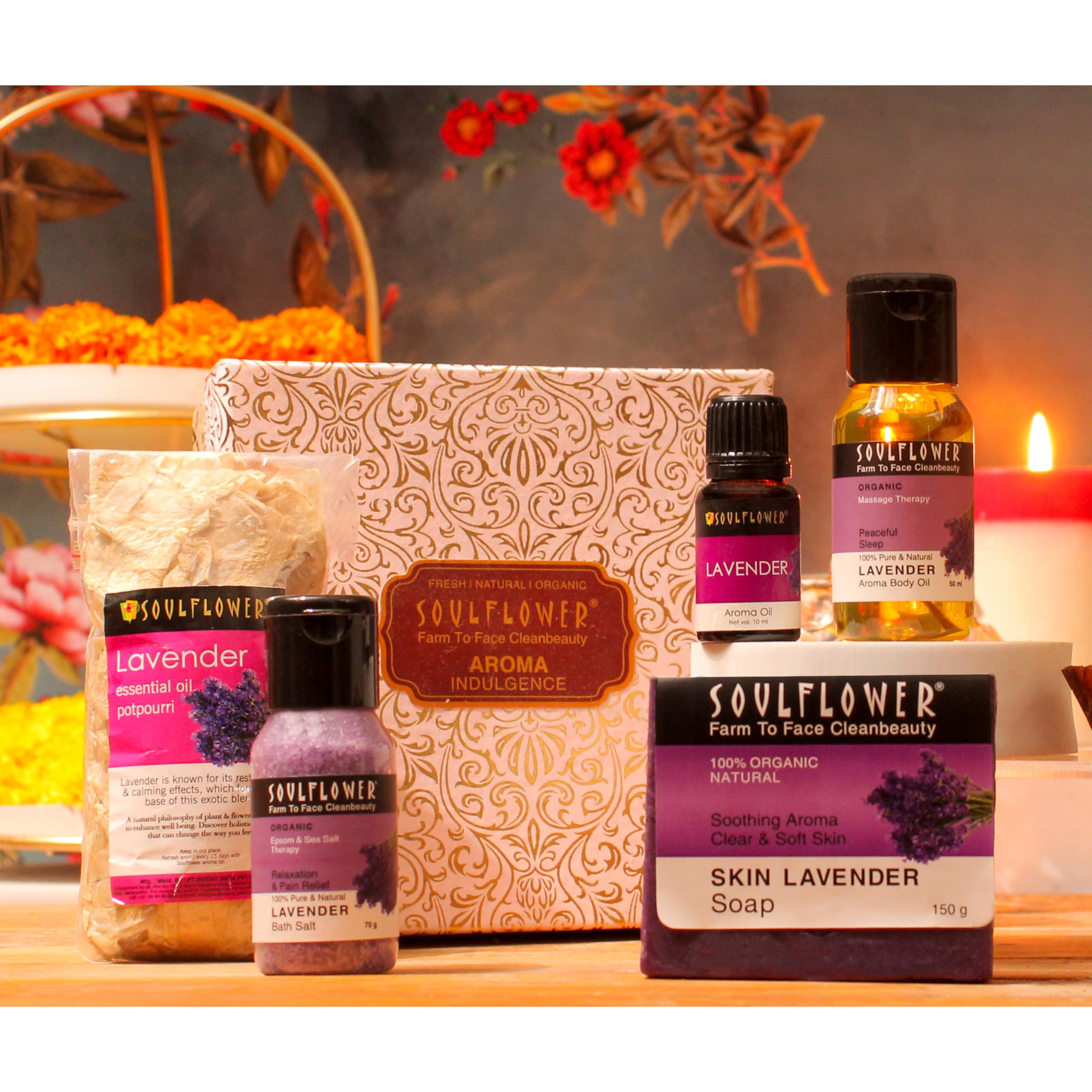 Soulflower Lavender Try me Bath Set (Bath salt, Massage Oil, Candles) (Pack of 1)-image-35