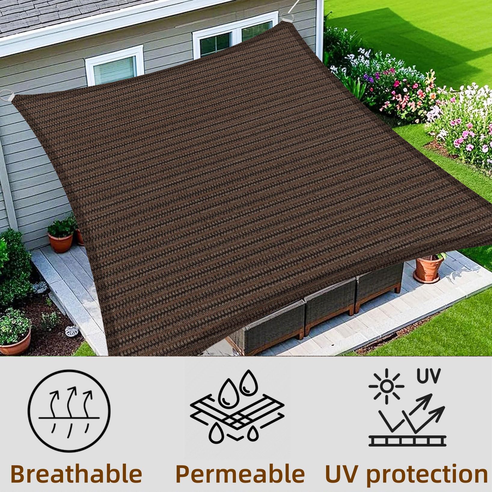 Prostokątny żagiel przeciwsłoneczny, 100 x 120 cm, 95% ochrona przed promieniowaniem UV, oddychający, HDPE, odporny na wiatr, na zewnątrz, do ogrodu, konfigurowalny, brązowy
