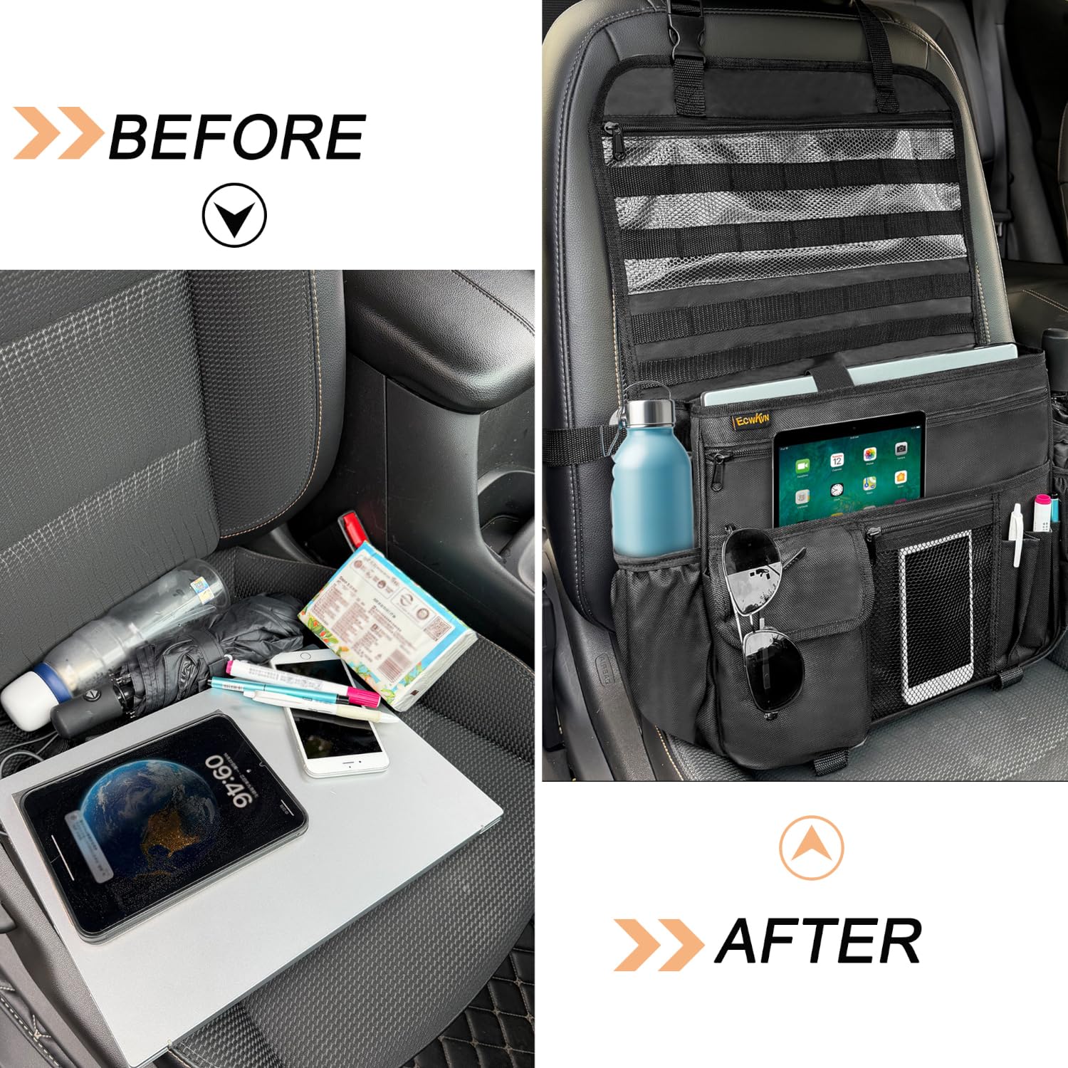 ECWKVN Organizer per auto, organizer per sedile anteriore e sedile posteriore, con tasche multiple per documenti, documenti d'ufficio e oggetti essenziali da viaggio, borsa portaoggetti per auto