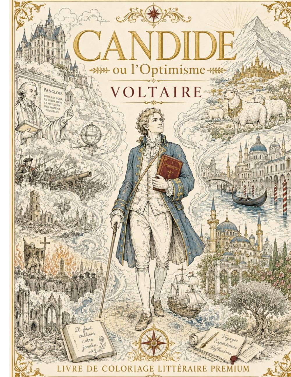 Candide — Livre de Coloriage Littéraire Premium - 64 scènes philosophiques inspirées du chef-d’œuvre de Voltaire: Une édition artistique et immersive ... (Literary Coloring Books for Adults & Teens)