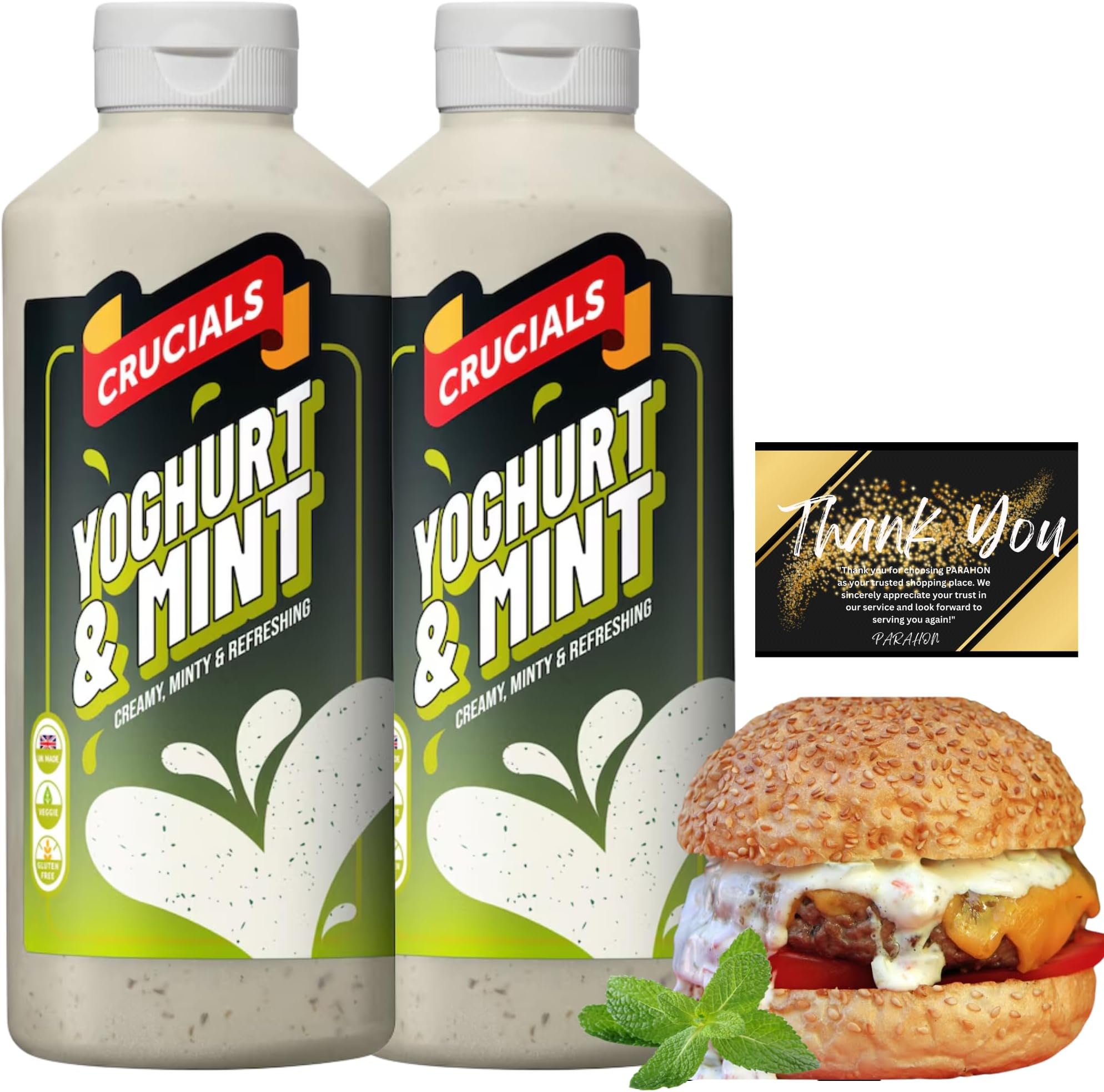 Crucials Sauce - Thank You Card by Parahon – Cool, Creamy Sauce for BBQ, Burgers, Grilled Meat, Wraps, Salads & Sandwiches – Refreshing Flavour Condiment (2 x 500ml, Yoghurt & Mint)
