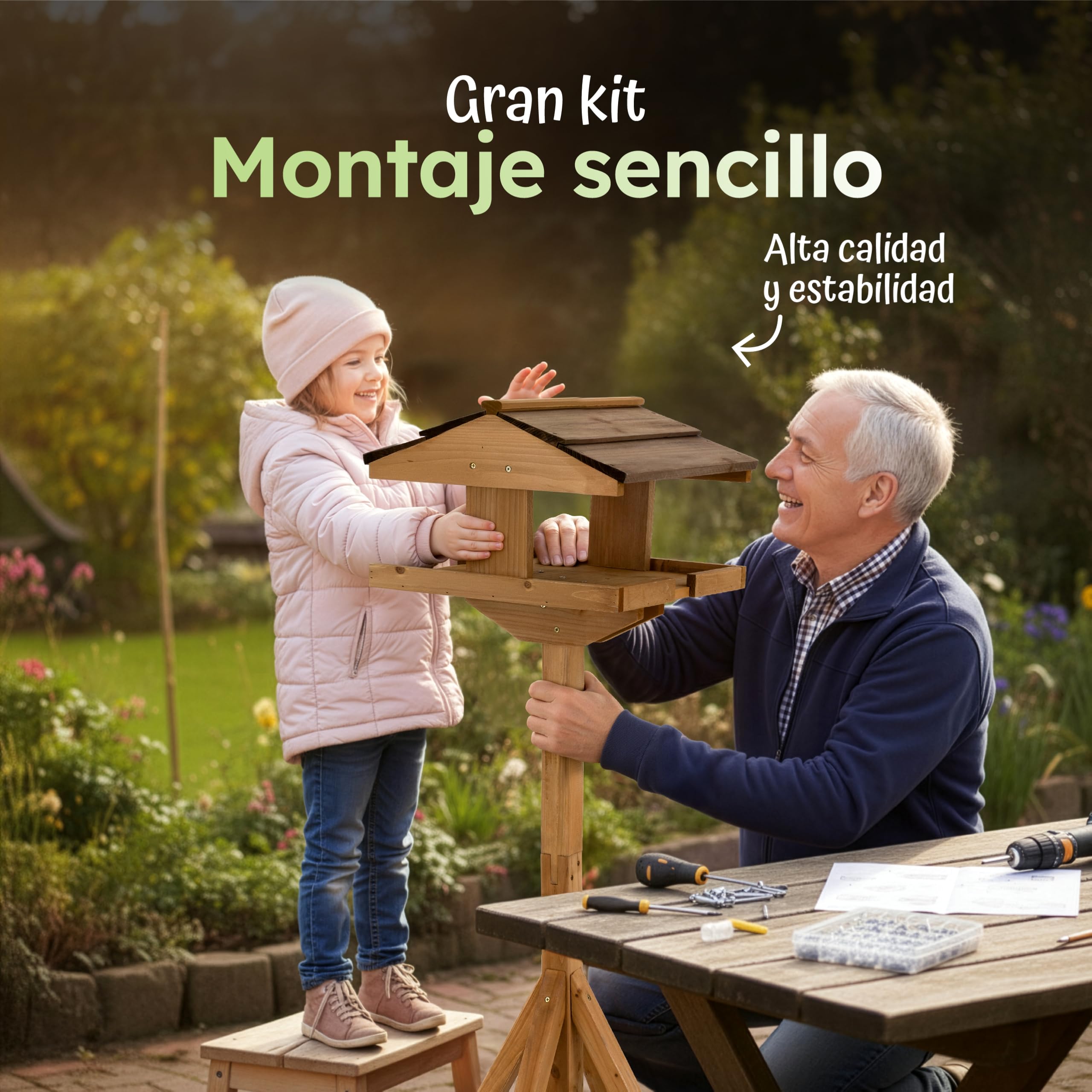 Moorland Casa para Pájaros Abierta con Soporte Comedero Madera Abeto FSC® | 114cm Marrón Techo Oscura Kit de Montaje Grande Jardín Balcón Resistente al Clima aves VH4