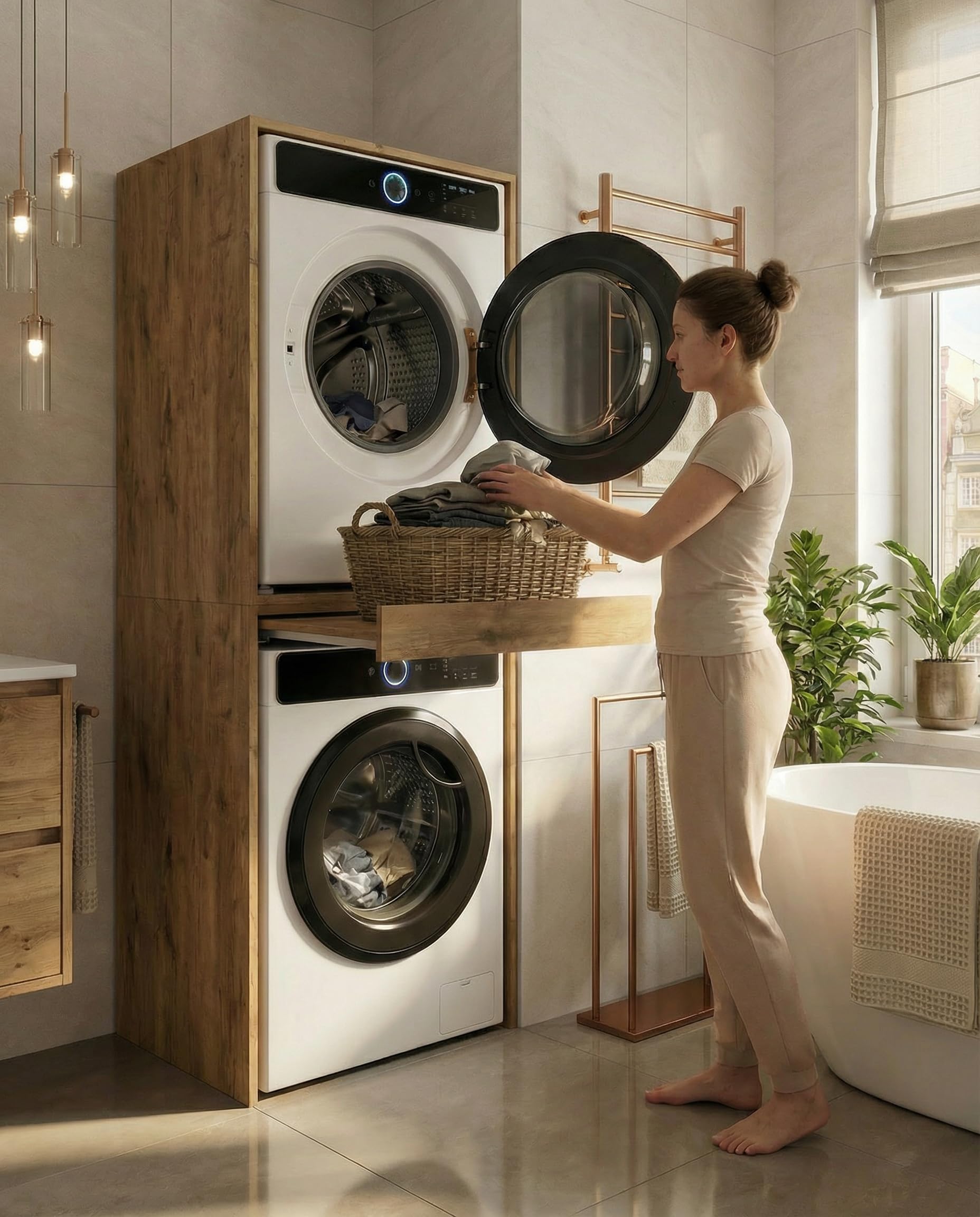CraftPAK Waschmaschinenschrank für Waschmaschine & Trockner | Platzsparender Waschturm mit ausziehbarer Arbeitsfläche | Schrank für Badezimmer und Hauswirtschaftsraum mit Stauraum